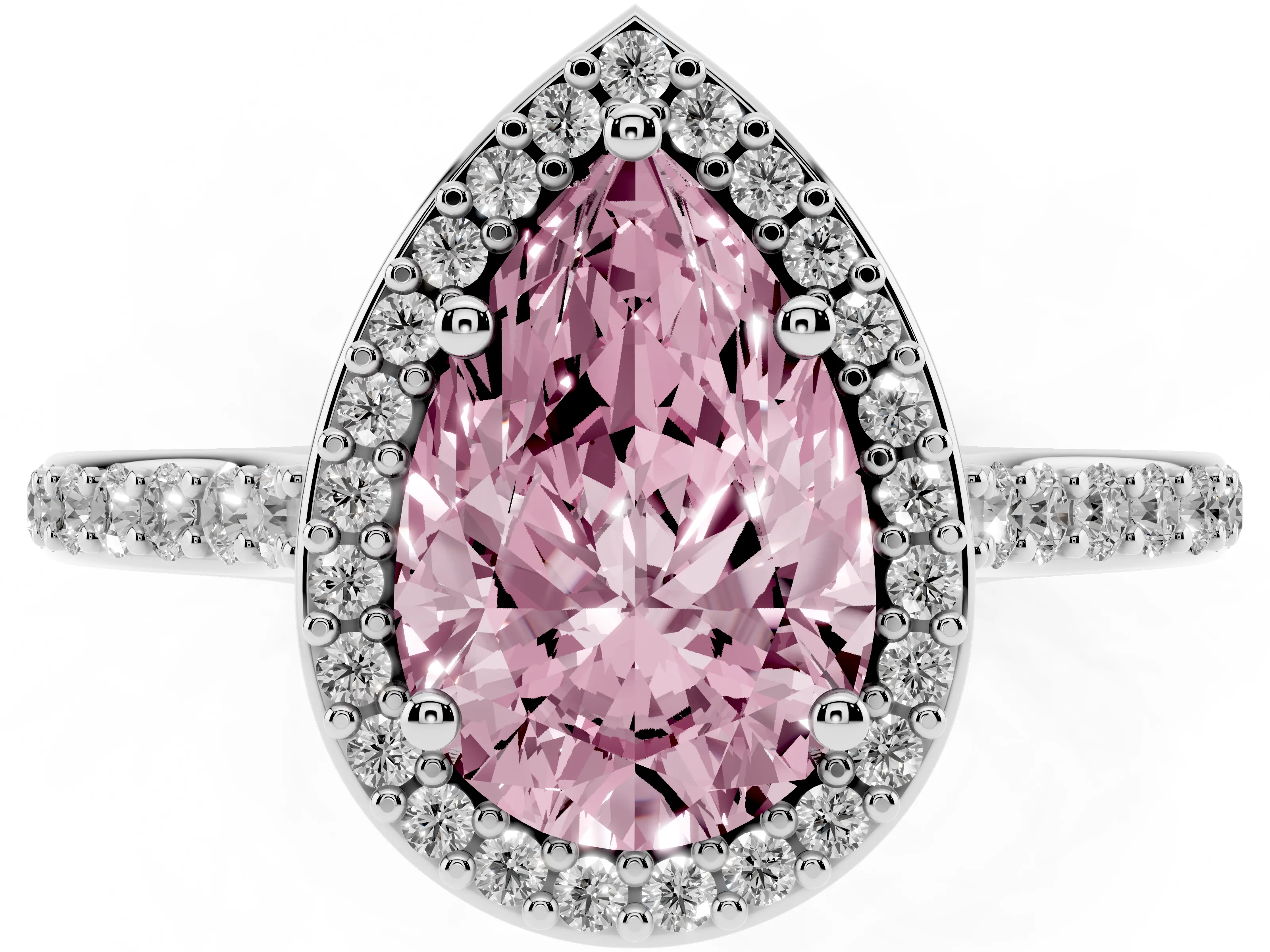 Fancy Pink Pear Cut Diamond Halo Engagement Ring Set in White gold with Round Pavé Shoulders and Heart Gallery