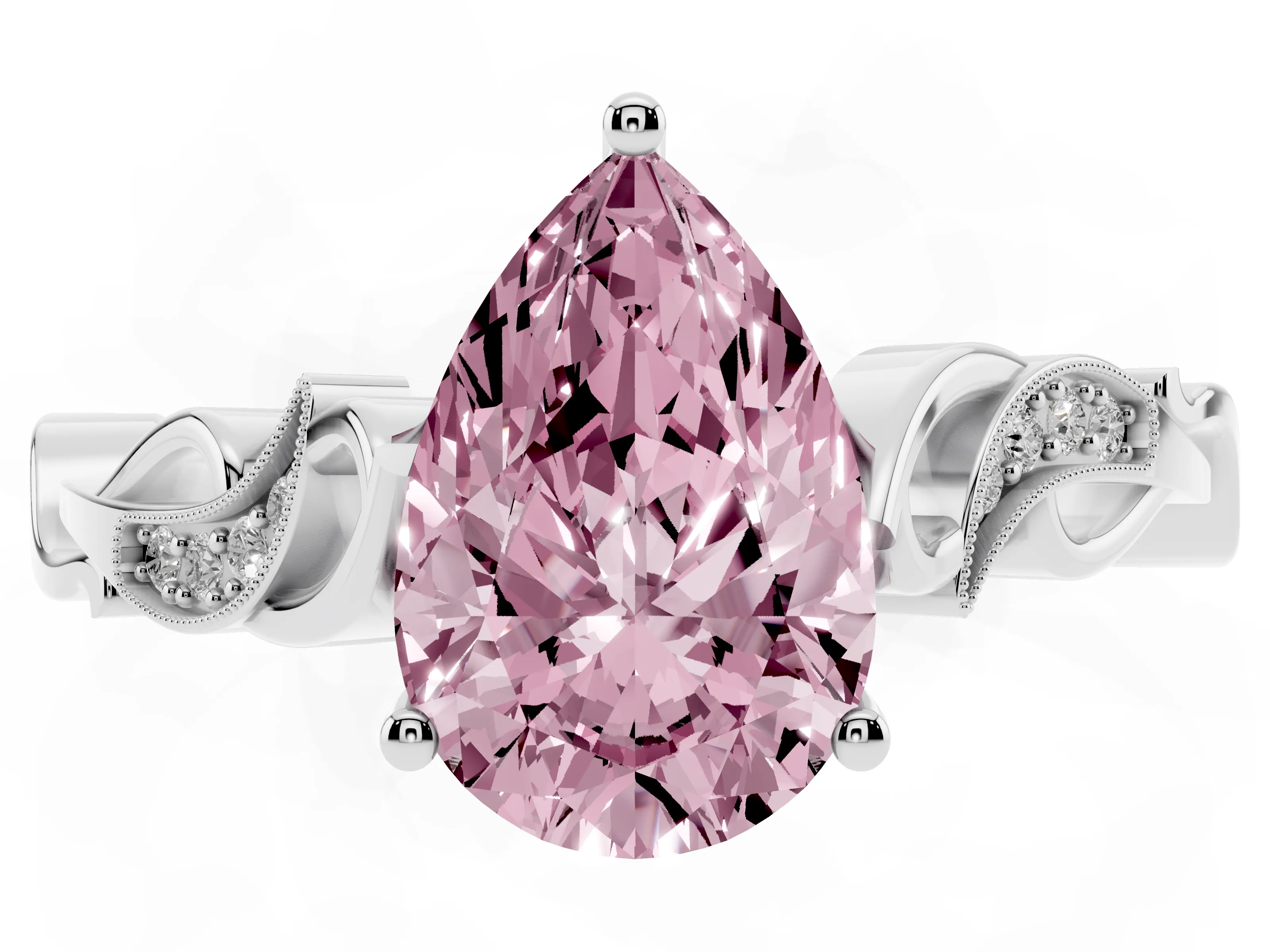 Fancy Pink Pear Cut Diamond Vine Band Solitaire Ring Set in White gold with Milgrain Prong Setting