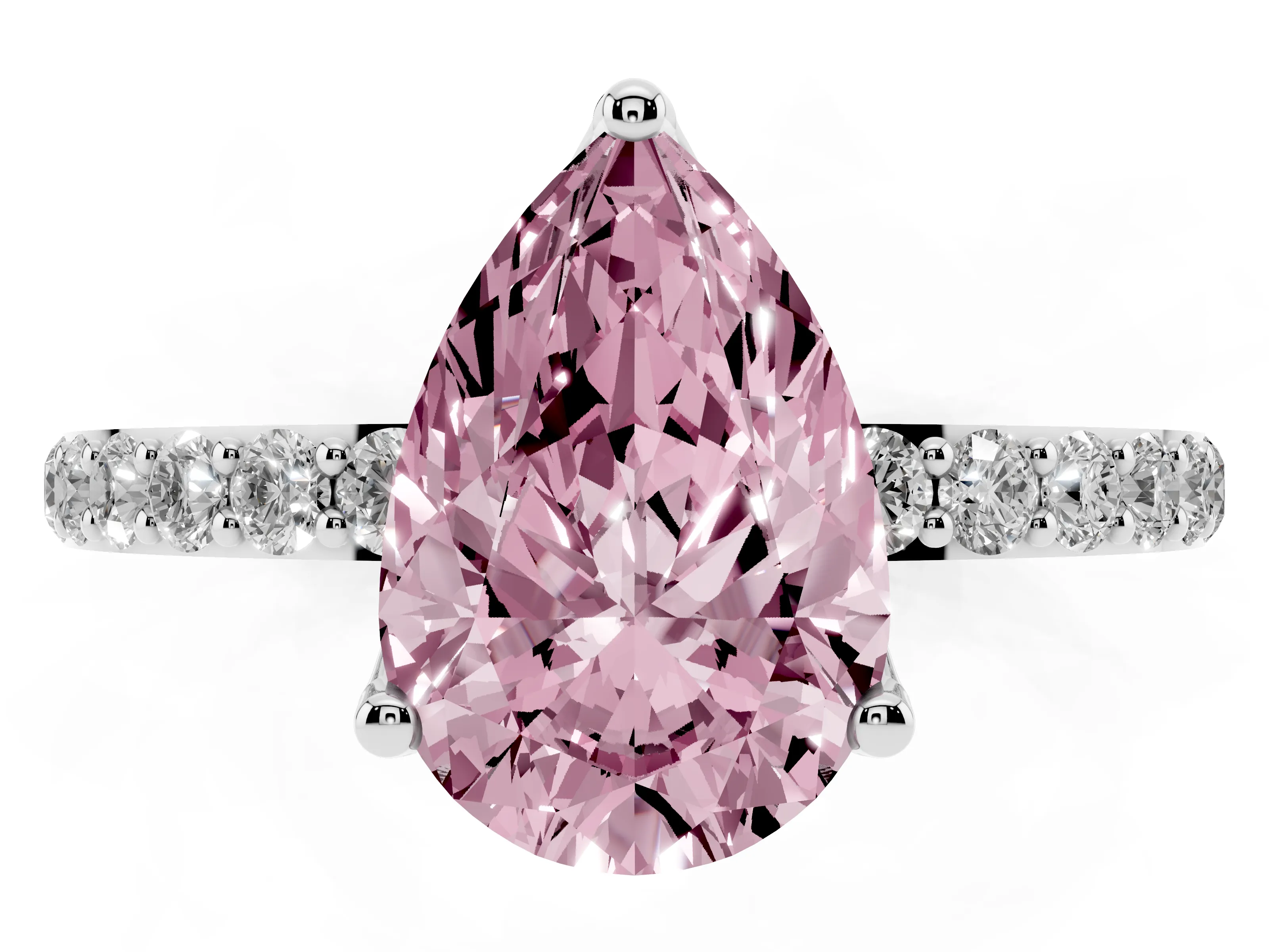 Fancy Pink Pear Cut Diamond Solitaire Engagement Ring Set in Silver with Round Pavé Band and Prong Setting