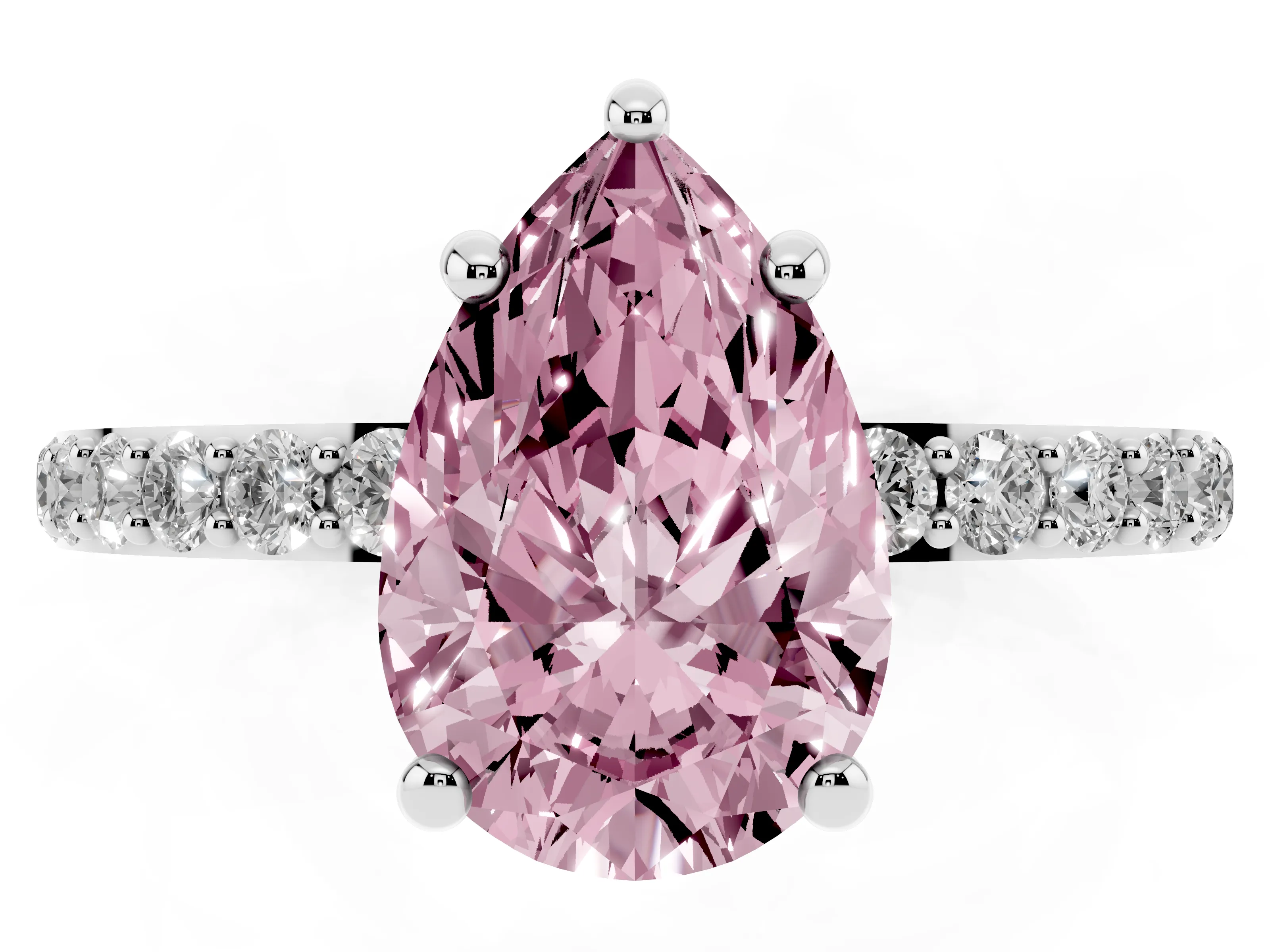 Fancy Pink Pear Cut Diamond Solitaire Ring Set in Platinum with Round Pavé Band and Prong Setting