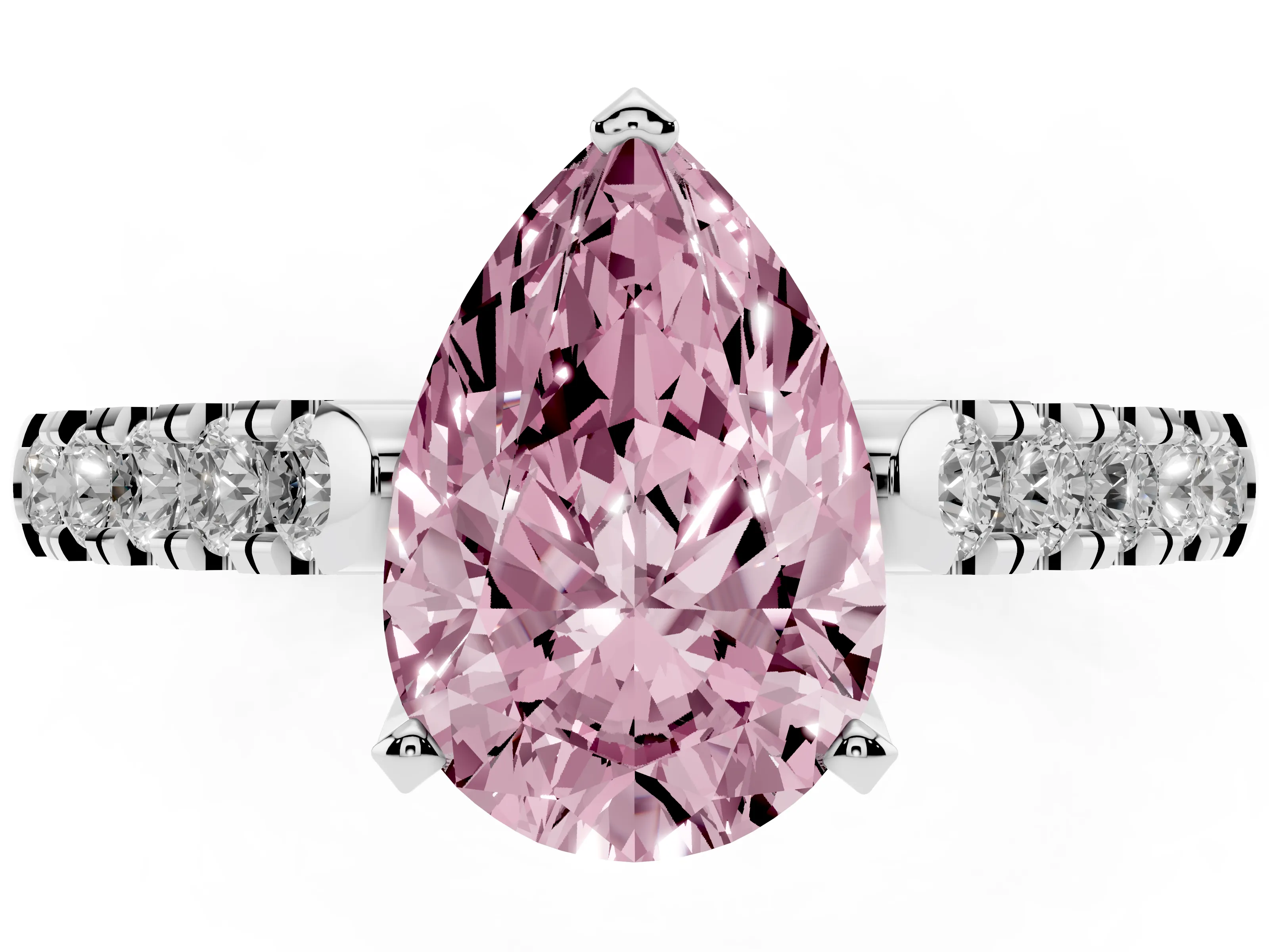 Fancy Pink Pear Cut Diamond Pavé Band Solitaire Ring Set in White gold with Partway Accent Stones and Prong Setting