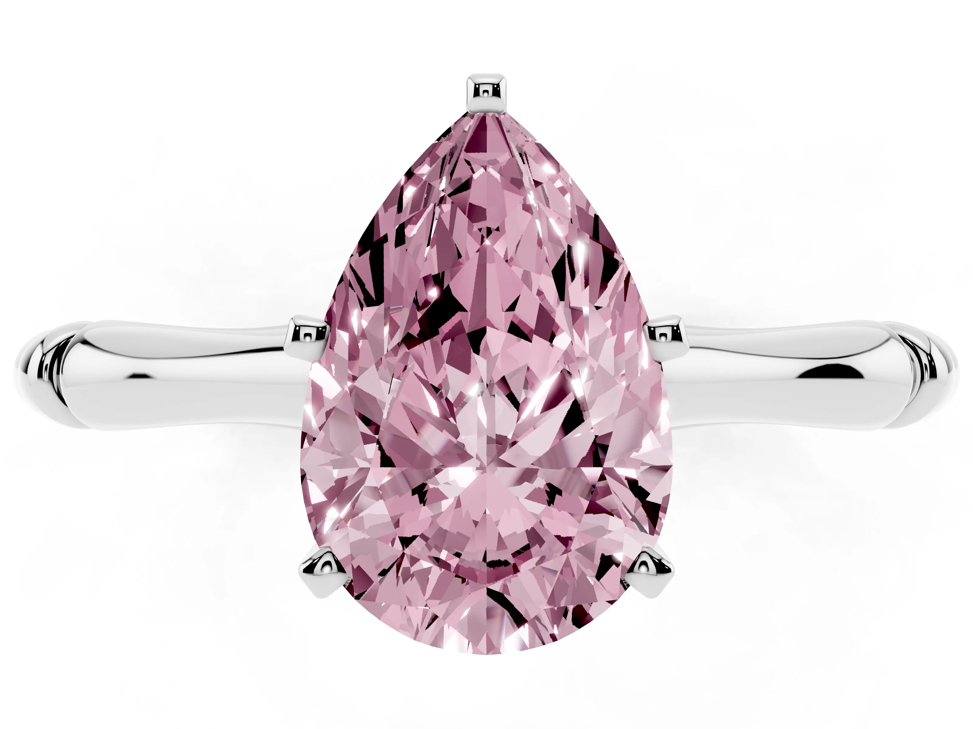 Fancy Pink Pear Cut Diamond Solitaire Ring Set in Platinum with Bamboo Band and Prong Setting