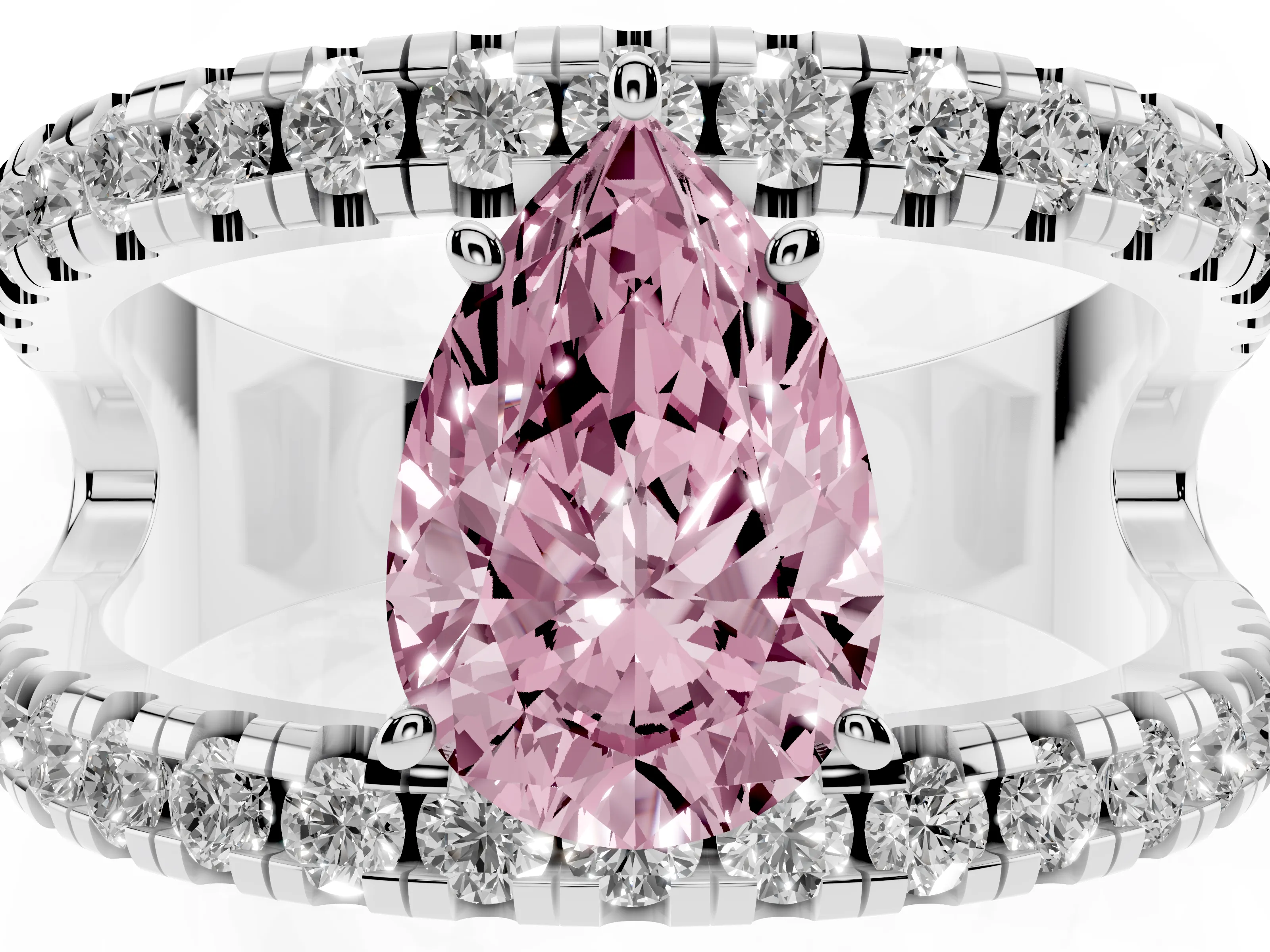 Fancy Pink Pear Cut Diamond Split Shank Pavé Solitaire Ring Set in Platinum with Open Shank Design