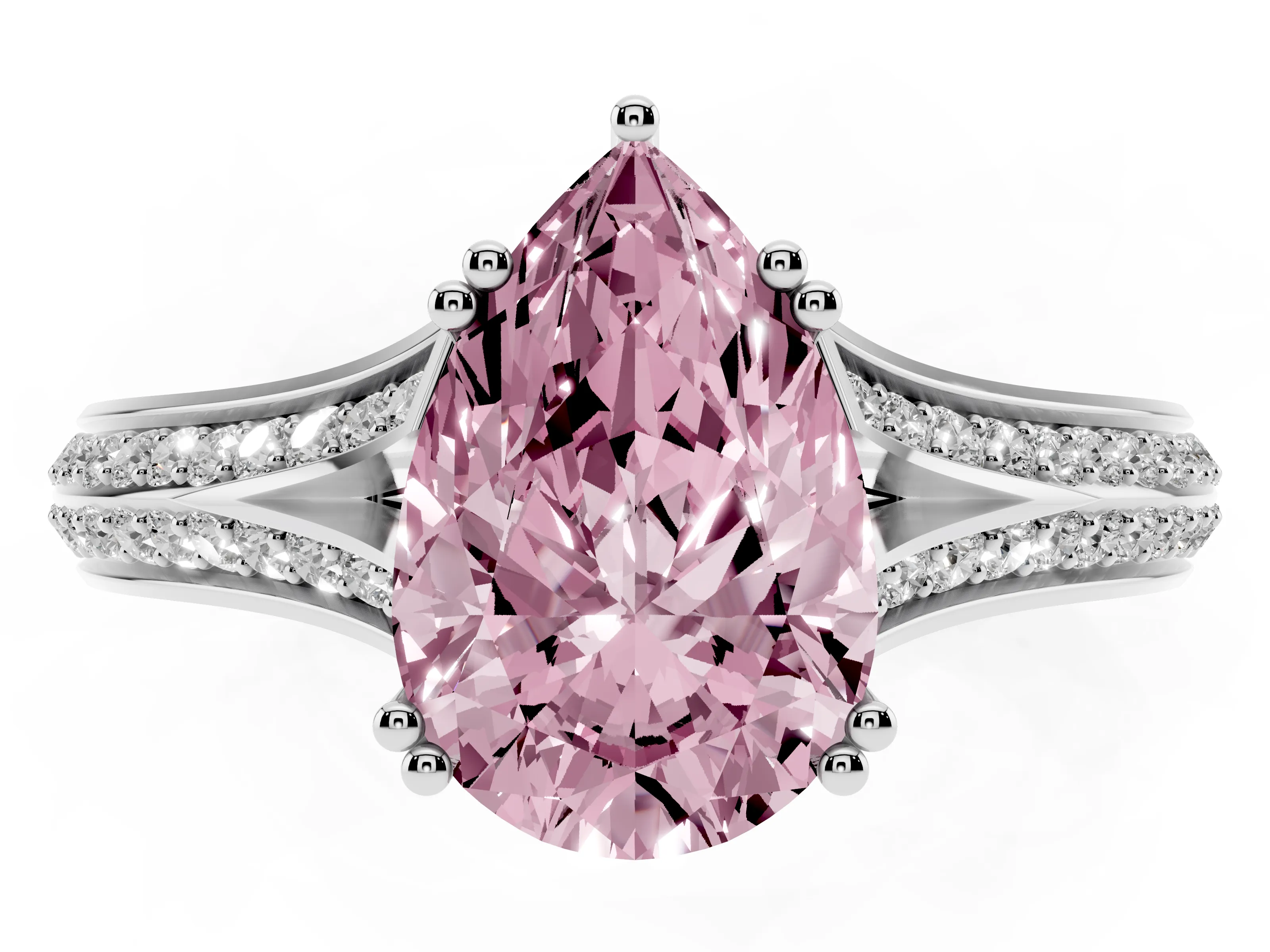 Fancy Pink Pear Cut Diamond Split Shank Pavé Engagement Ring Set in White gold with Prong-Set Center Stone