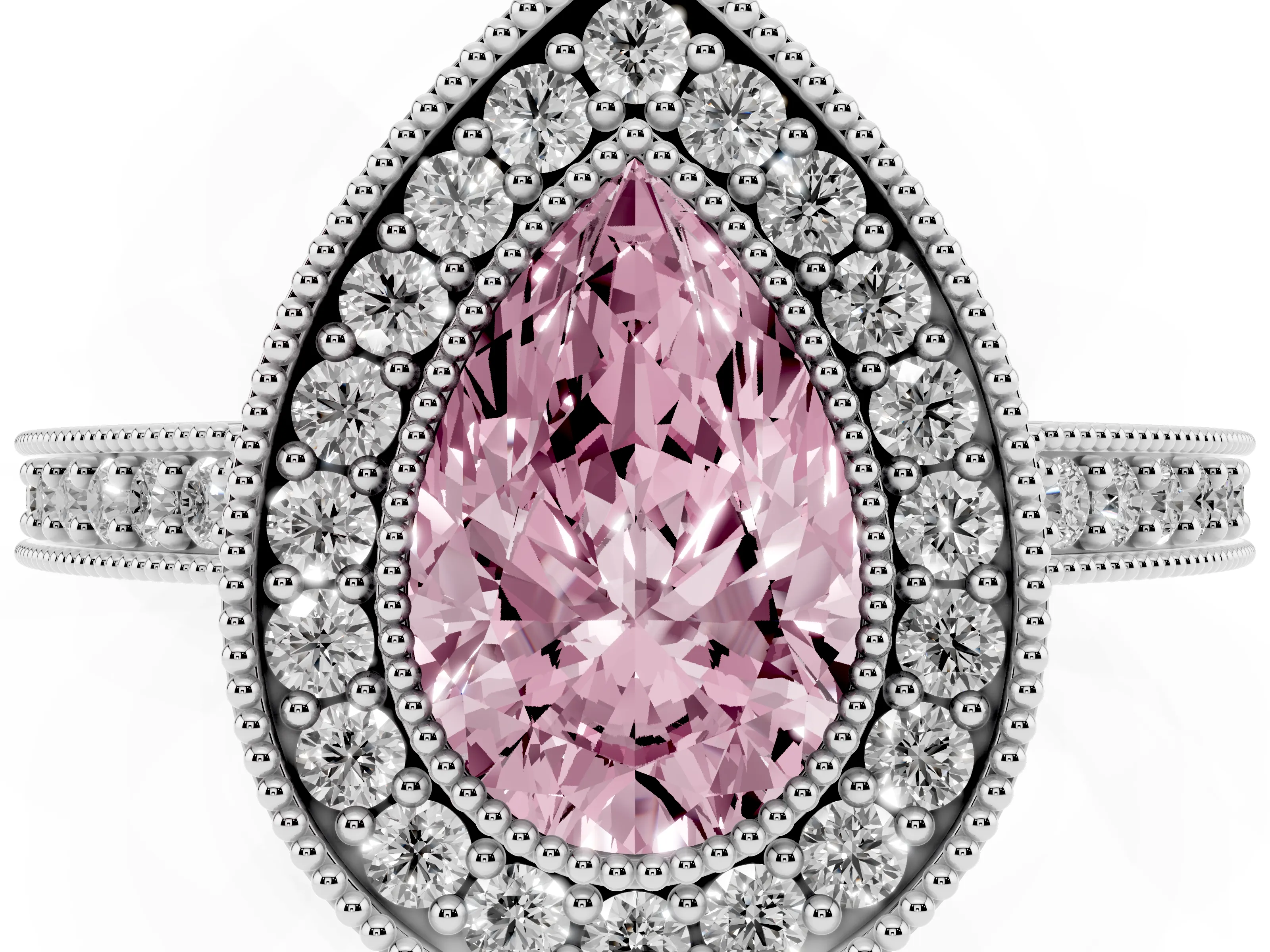 Fancy Pink Pear Cut Diamond Halo Engagement Ring Set in White gold with Pavé Band and Round Halo Stones