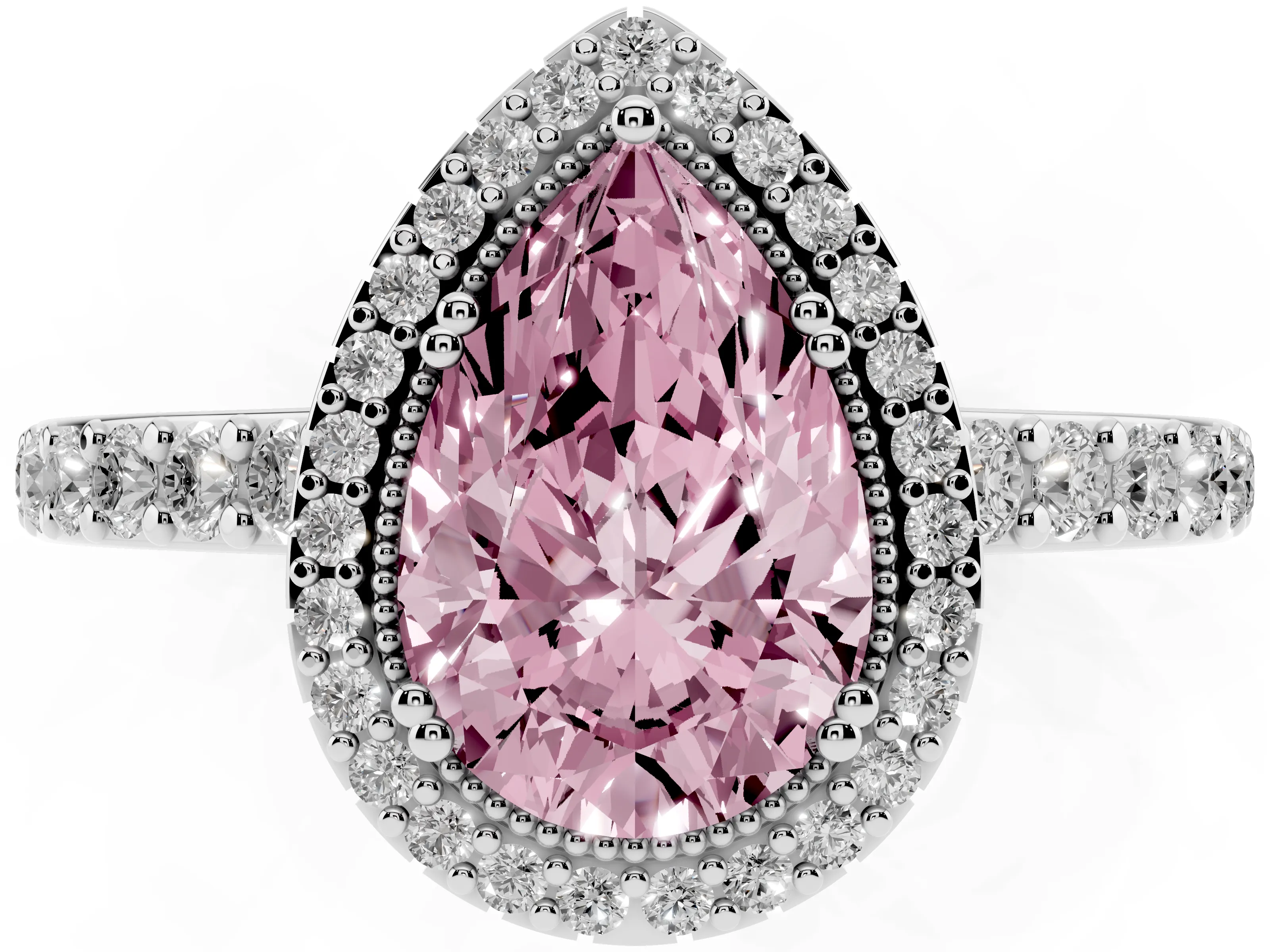 Fancy Pink Pear Cut Diamond Halo Engagement Ring Set in White gold with Milgrain Detail and Pavé Band