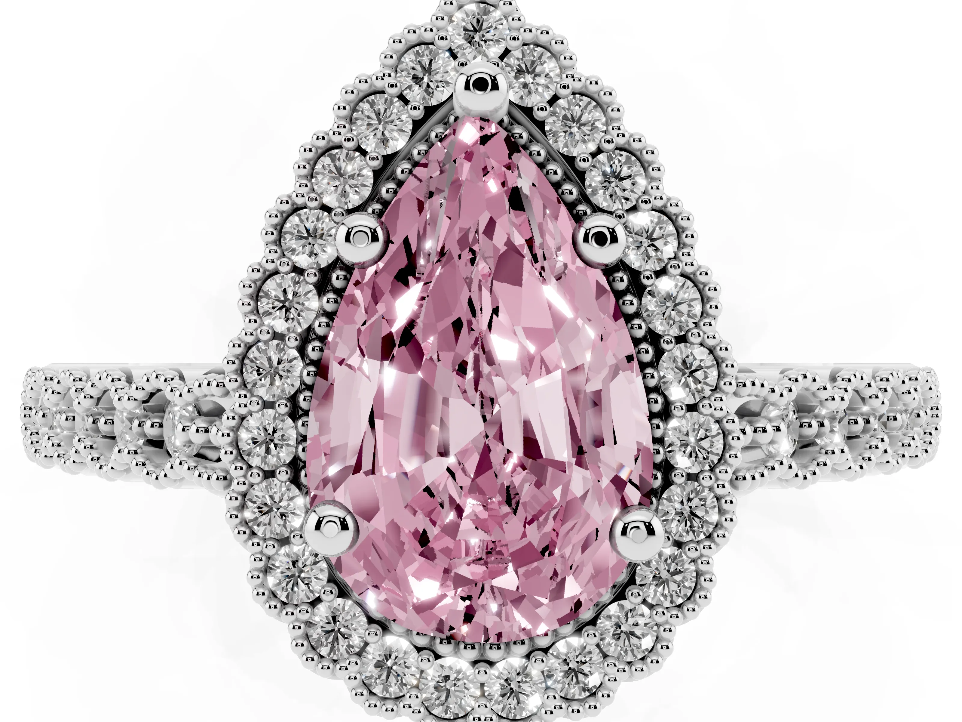 Fancy Pink Pear Cut Diamond Halo Ring Set in Platinum with Pavé Milgrain Band