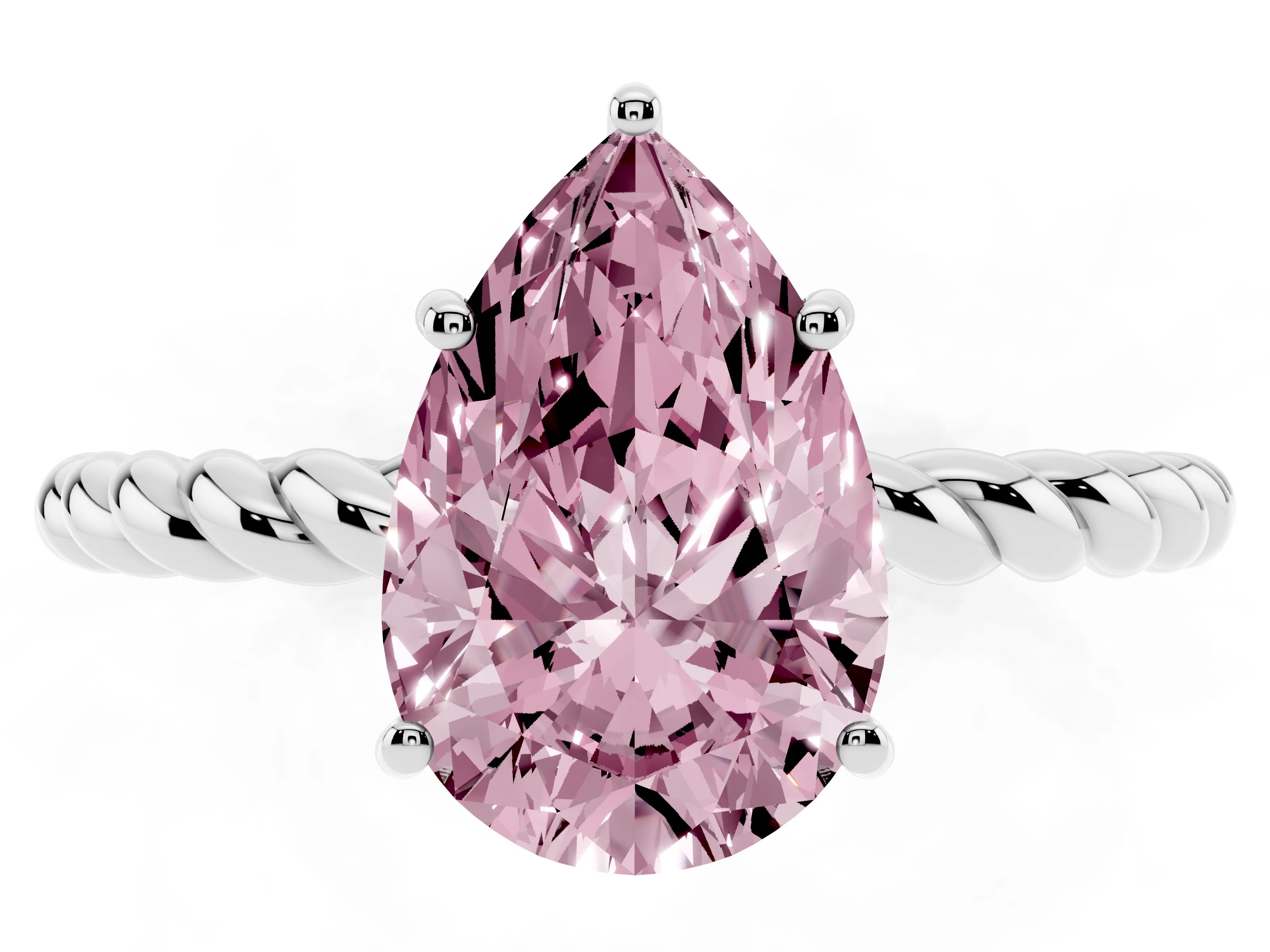Fancy Pink Pear Cut Diamond Solitaire Ring Set in Platinum with Twist Band and Prong Setting