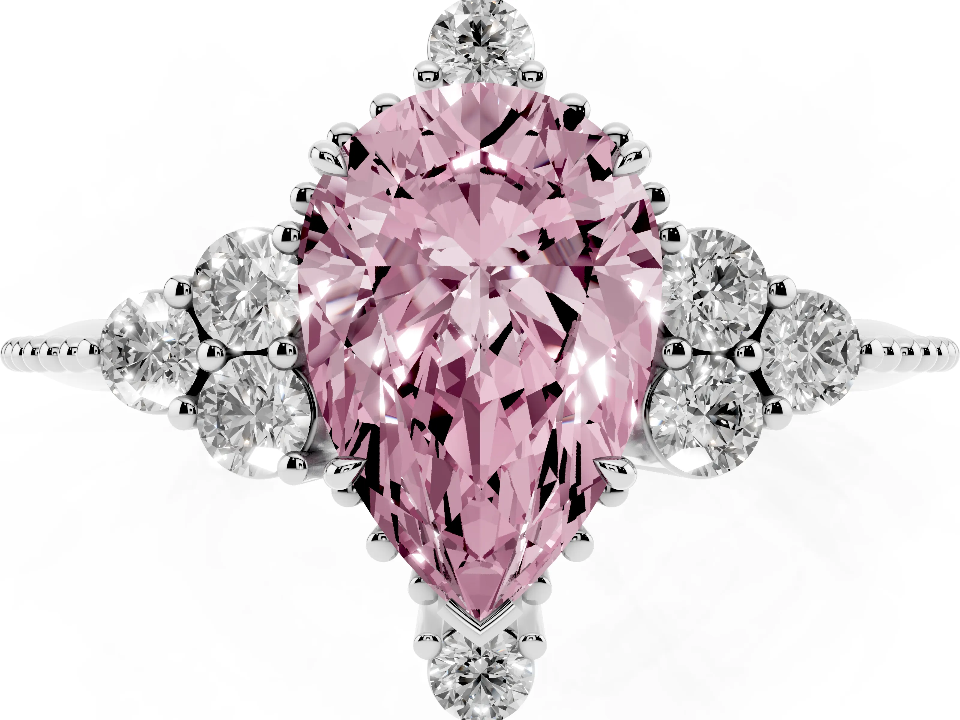 Fancy Pink Pear Cut Diamond Cluster Ring Set in Silver with Beaded Band