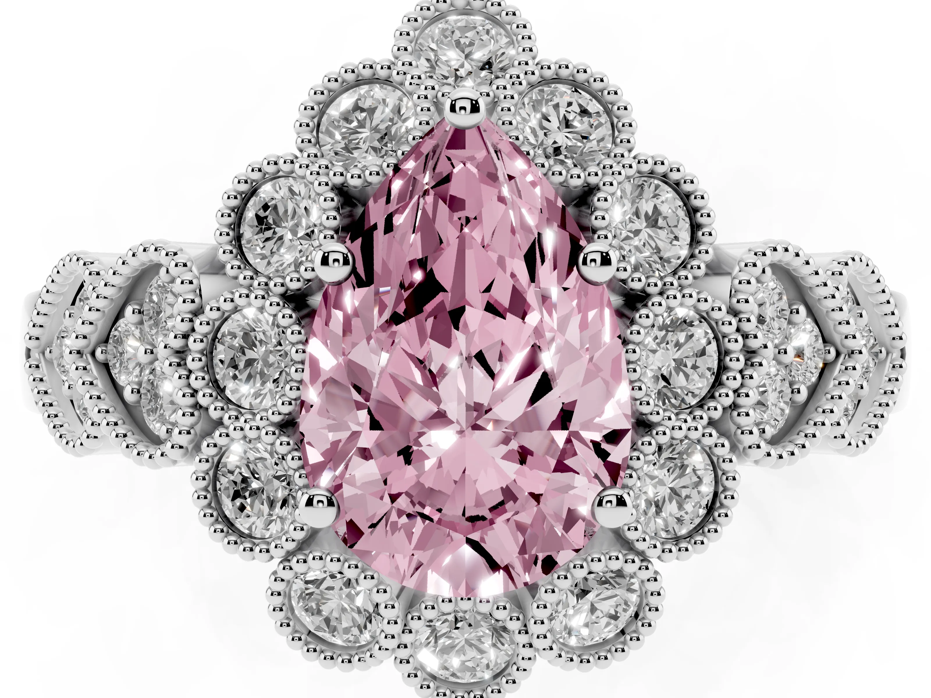 Fancy Pink Pear Cut Diamond Solitaire Ring Set in White gold with Milgrain Pavé Heart Band