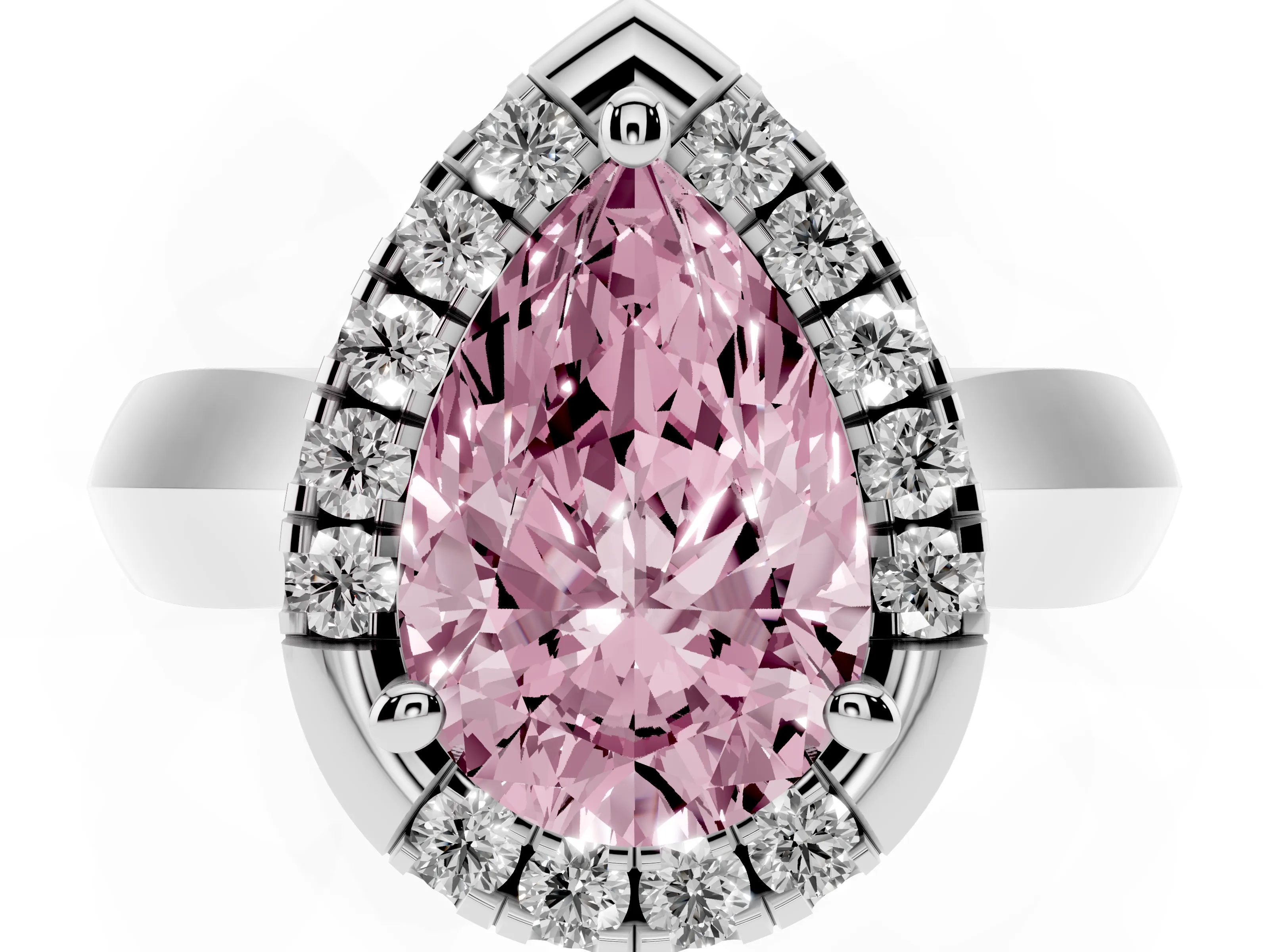 Fancy Pink Pear Cut Diamond Halo Solitaire Engagement Ring Set in Platinum with Square Band and Prong Setting