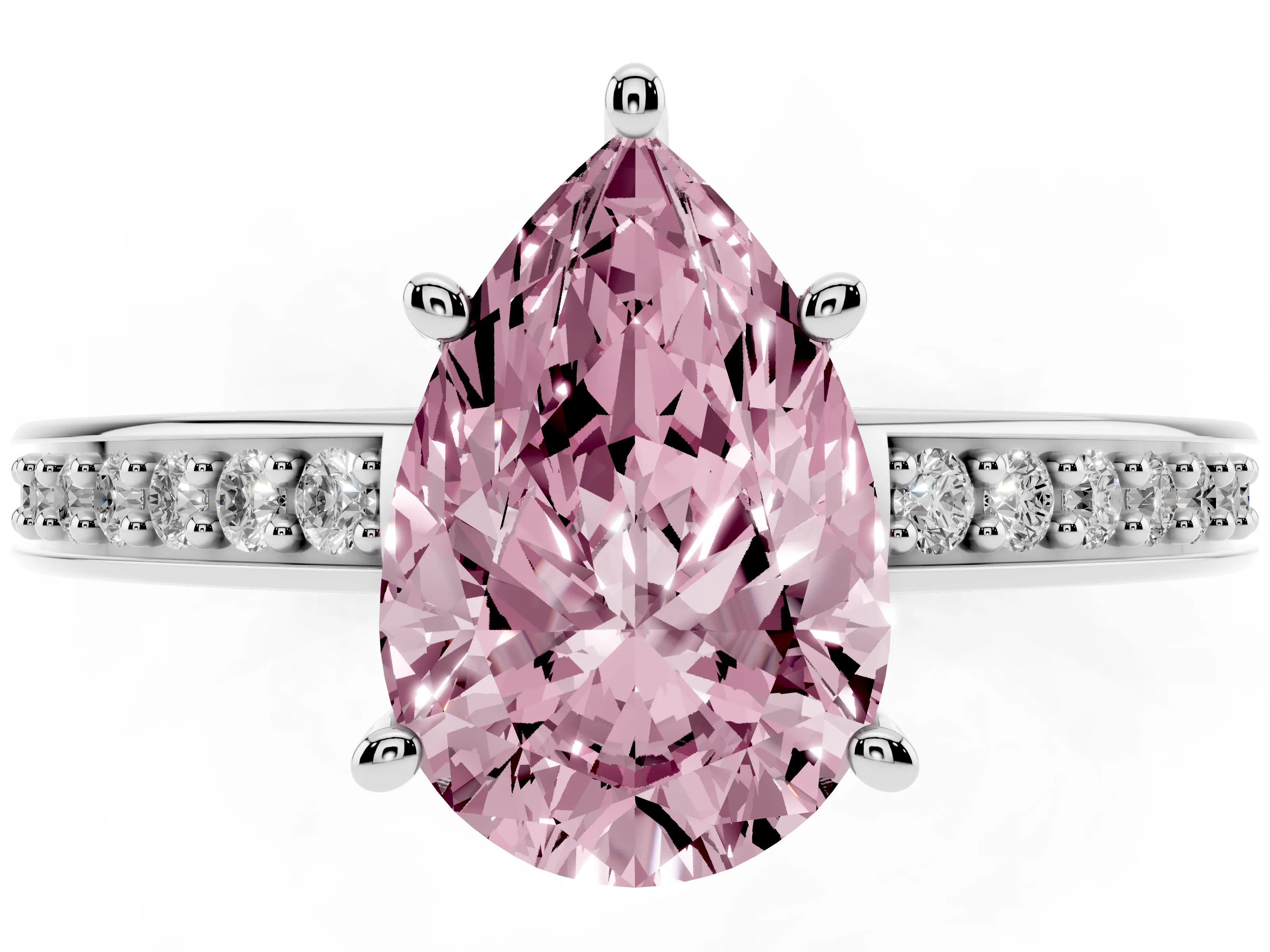 Fancy Pink Pear Cut Diamond Pavé Band Prong Set Solitaire Ring Set in Silver