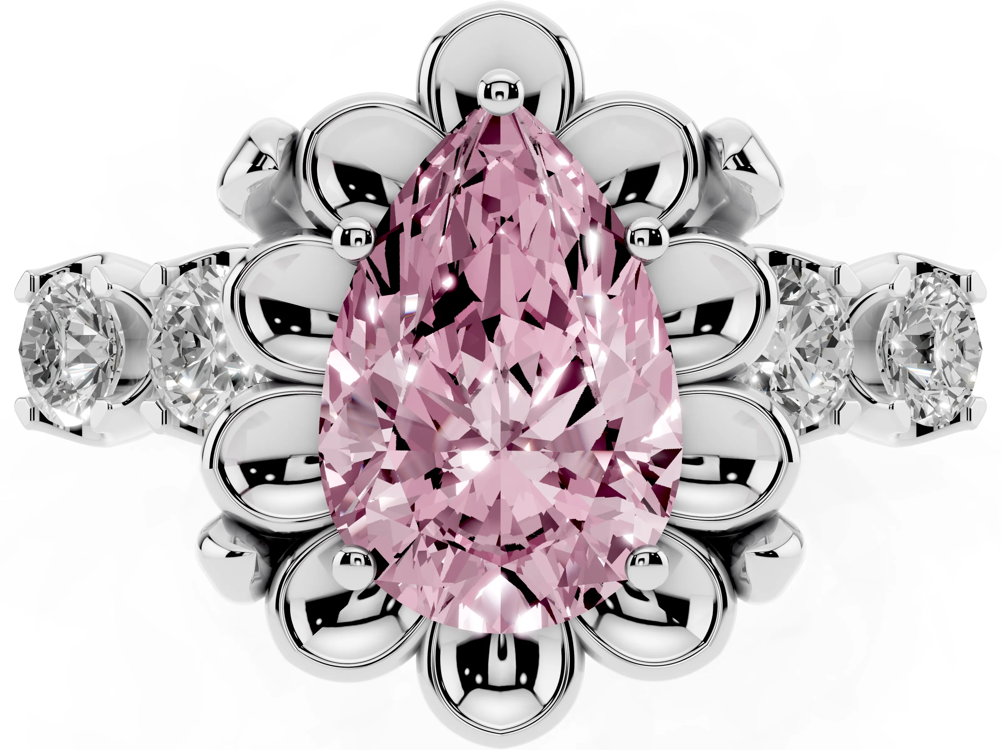 Fancy Pink Pear Cut Diamond Floral Halo Ring Set in White gold with Shared Prong Band