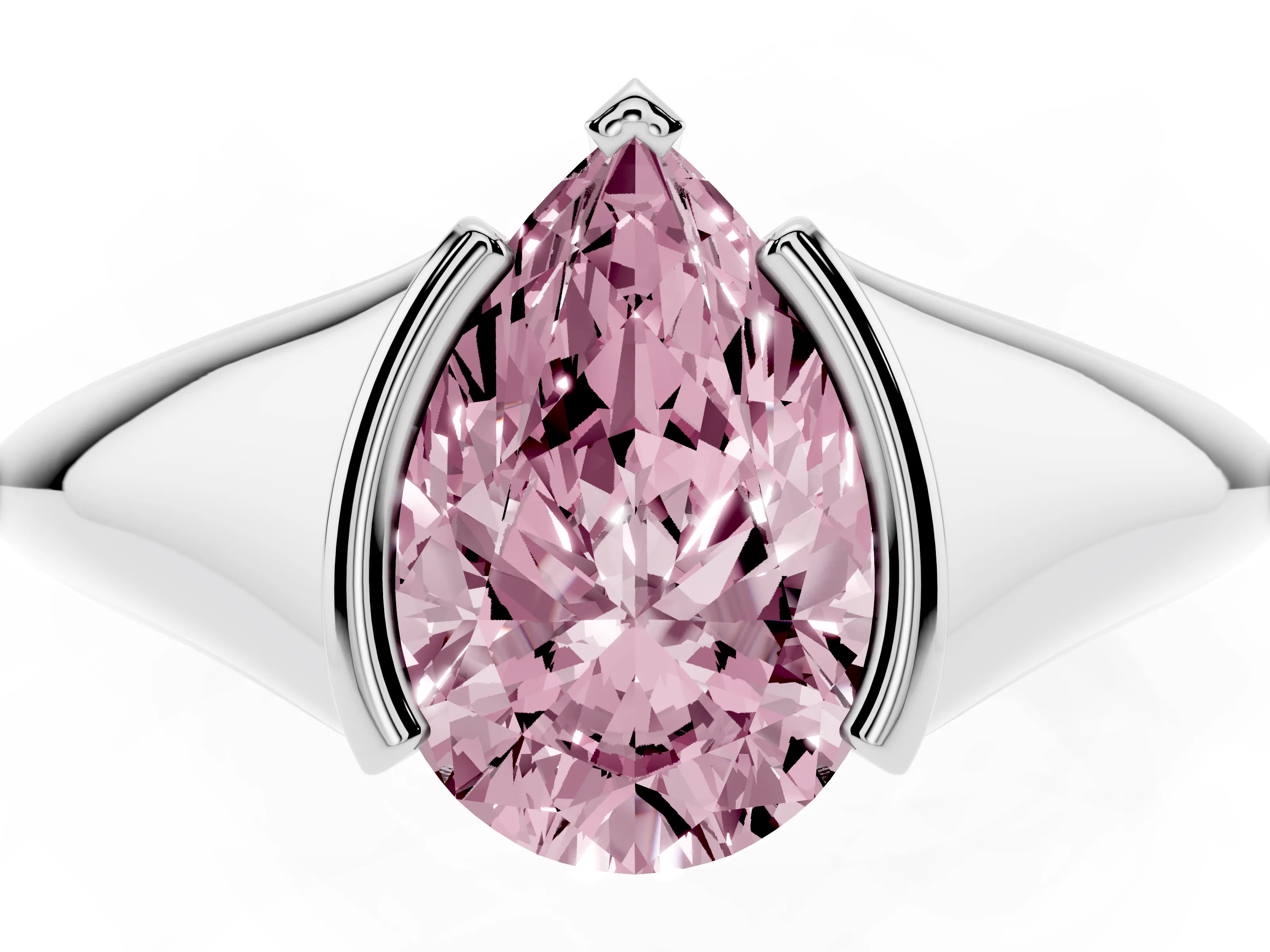 Fancy Pink Pear Cut Diamond Solitaire Tension Set Ring Set in Silver