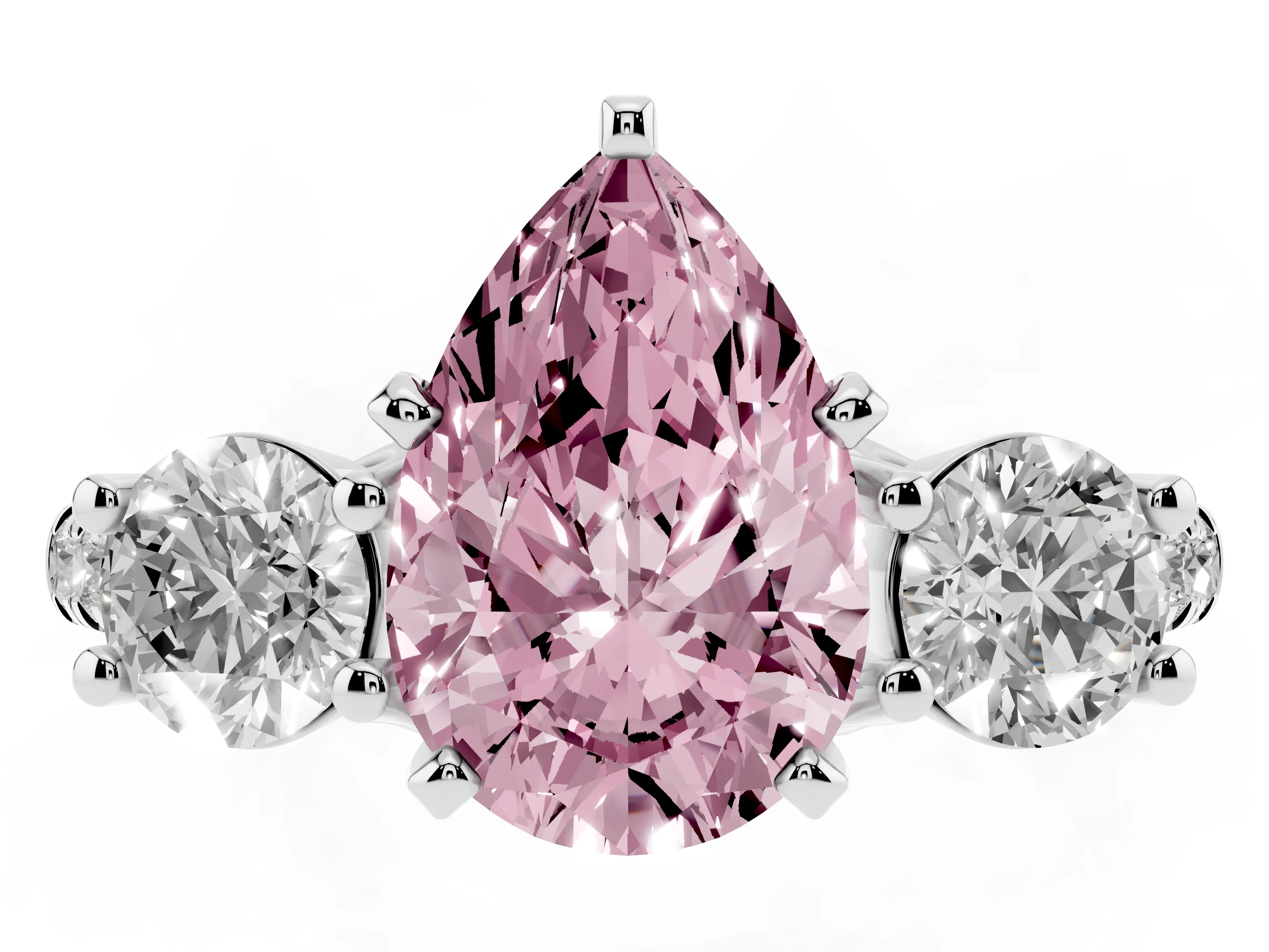 Fancy Pink Three-Stone Pear Cut Diamond Pavé Band Ring Set in Platinum with Prong-Set Trio
