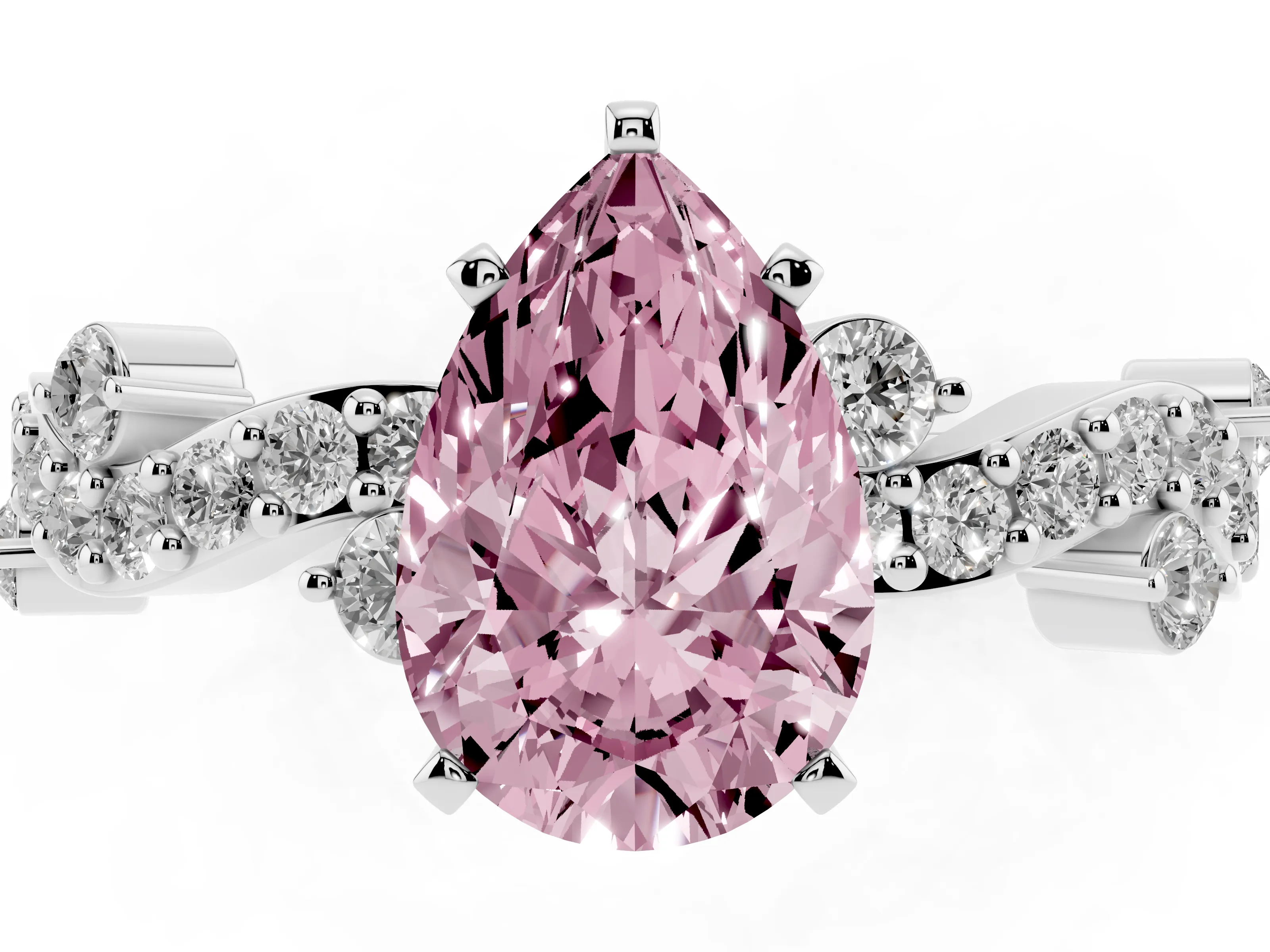 Fancy Pink Pear Cut Diamond Solitaire Twisted Band Set in White gold with Pavé Setting