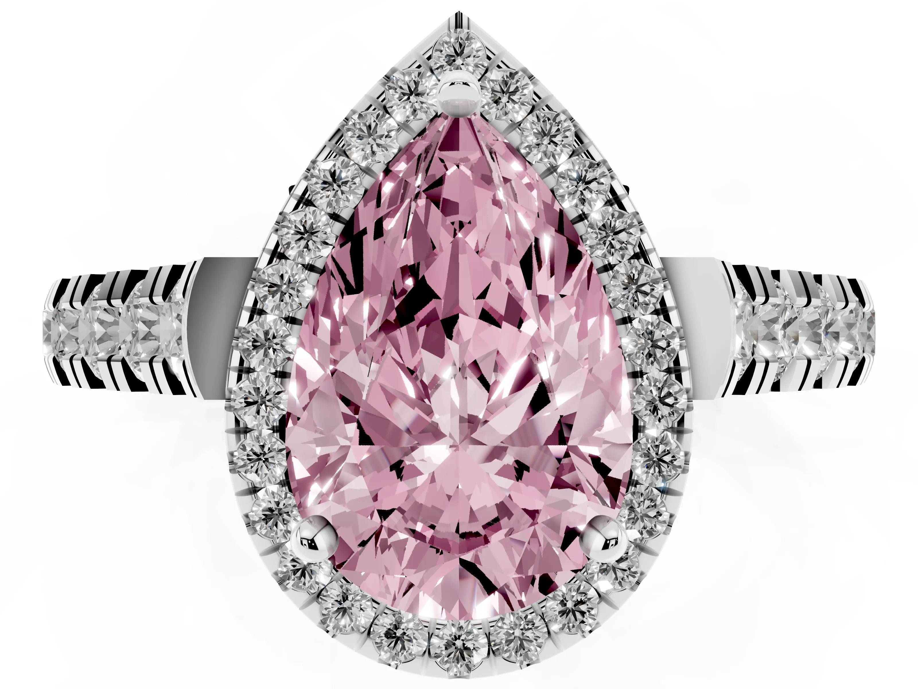 Fancy Pink Pear Cut Diamond Halo Engagement Ring Set in Platinum with Pavé Band and Prong-Set Center