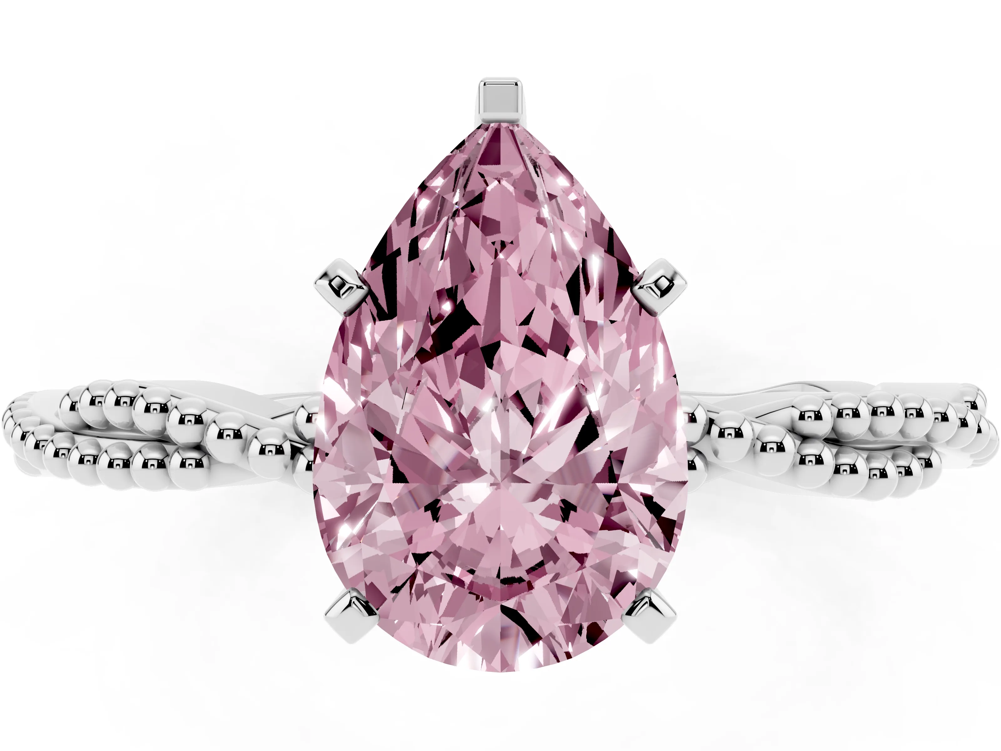 Fancy Pink Pear Cut Diamond Solitaire Ring Set in Silver with Twisted Band and Bead Prong Setting