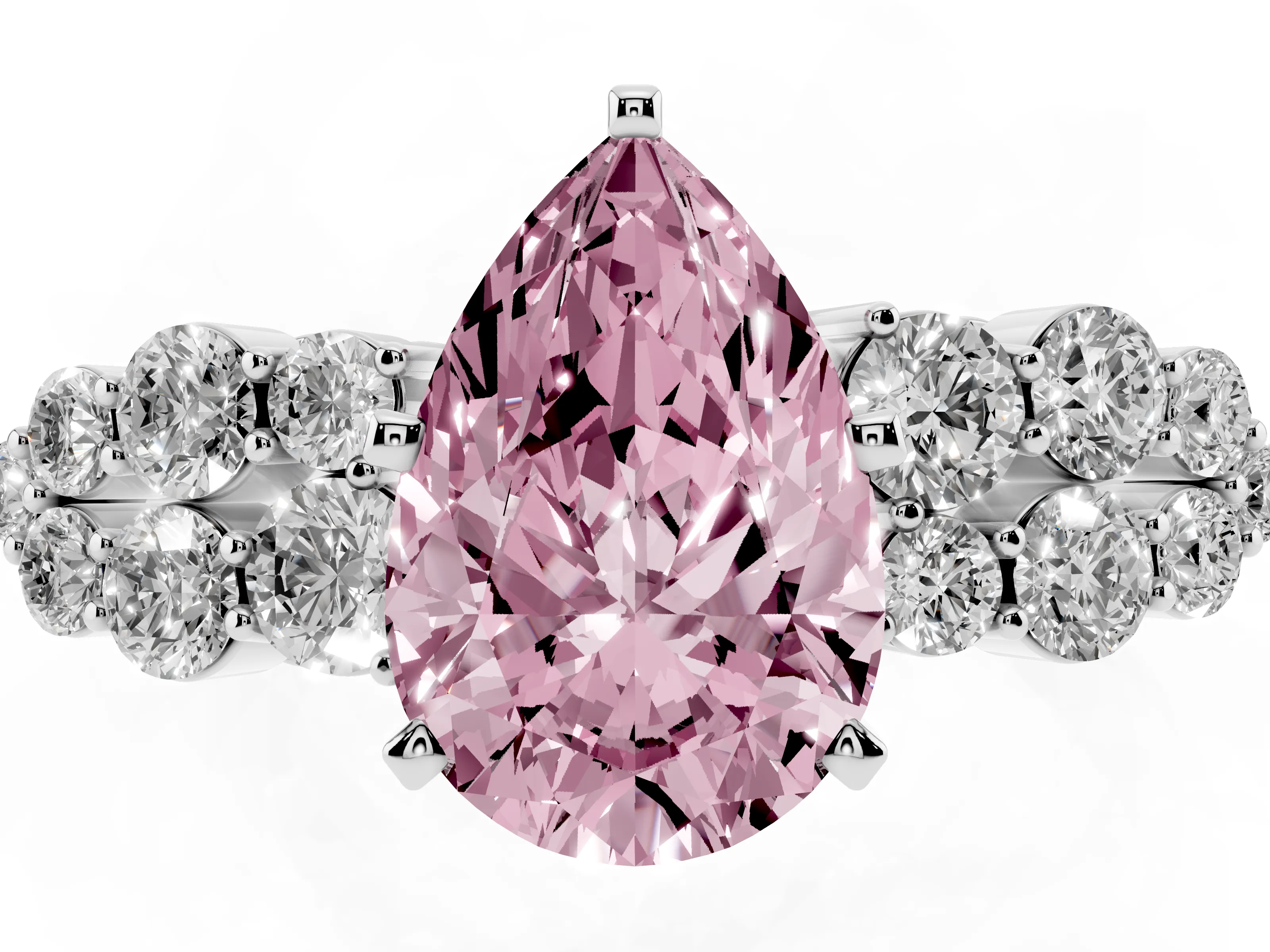 Fancy Pink Pear Cut Diamond Cluster Engagement Ring Set in Silver with Pavé Band and Prong Setting