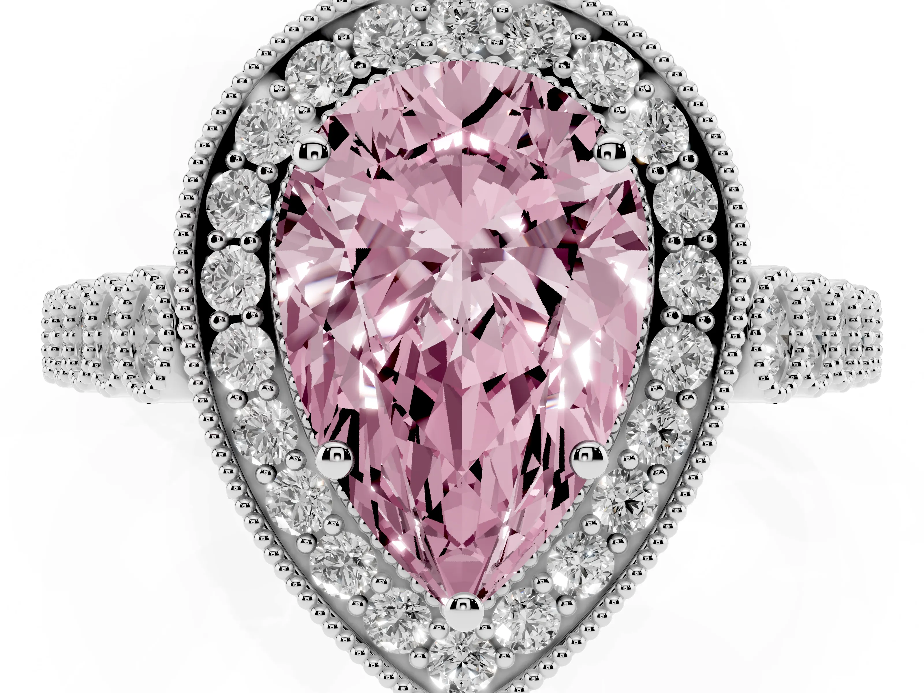 Fancy Pink Pear Cut Diamond Milgrain Halo Solitaire Ring Set in Platinum with Bezel Set Side Stones and Pavé Band