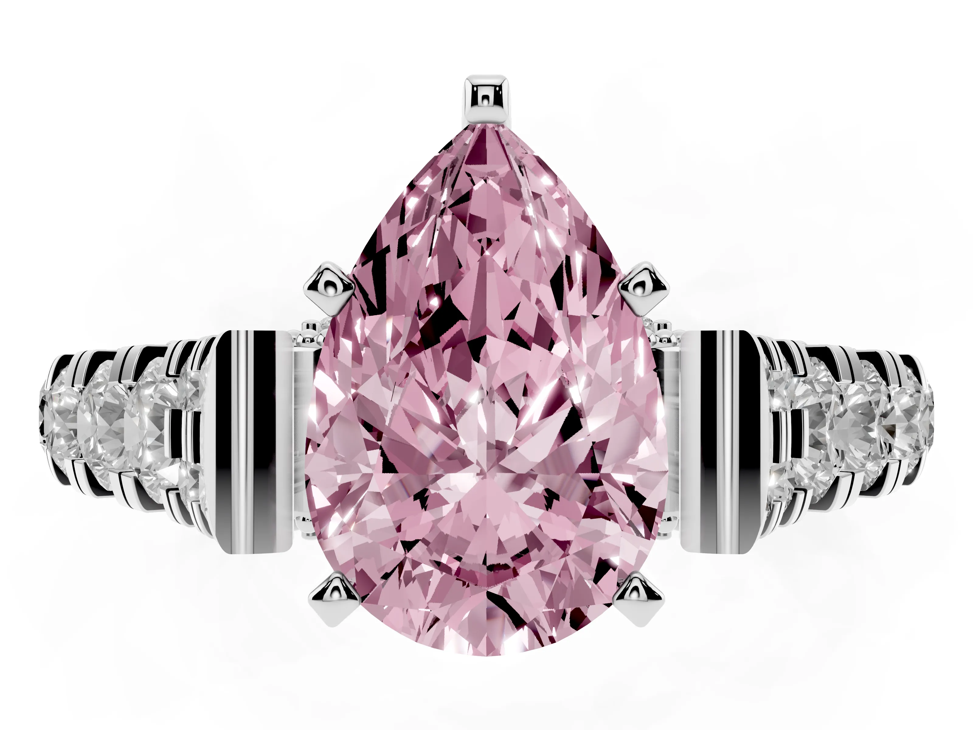 Fancy Pink Pear Cut Diamond Classic Solitaire Ring Set in Platinum with Pavé Band and Prong Setting