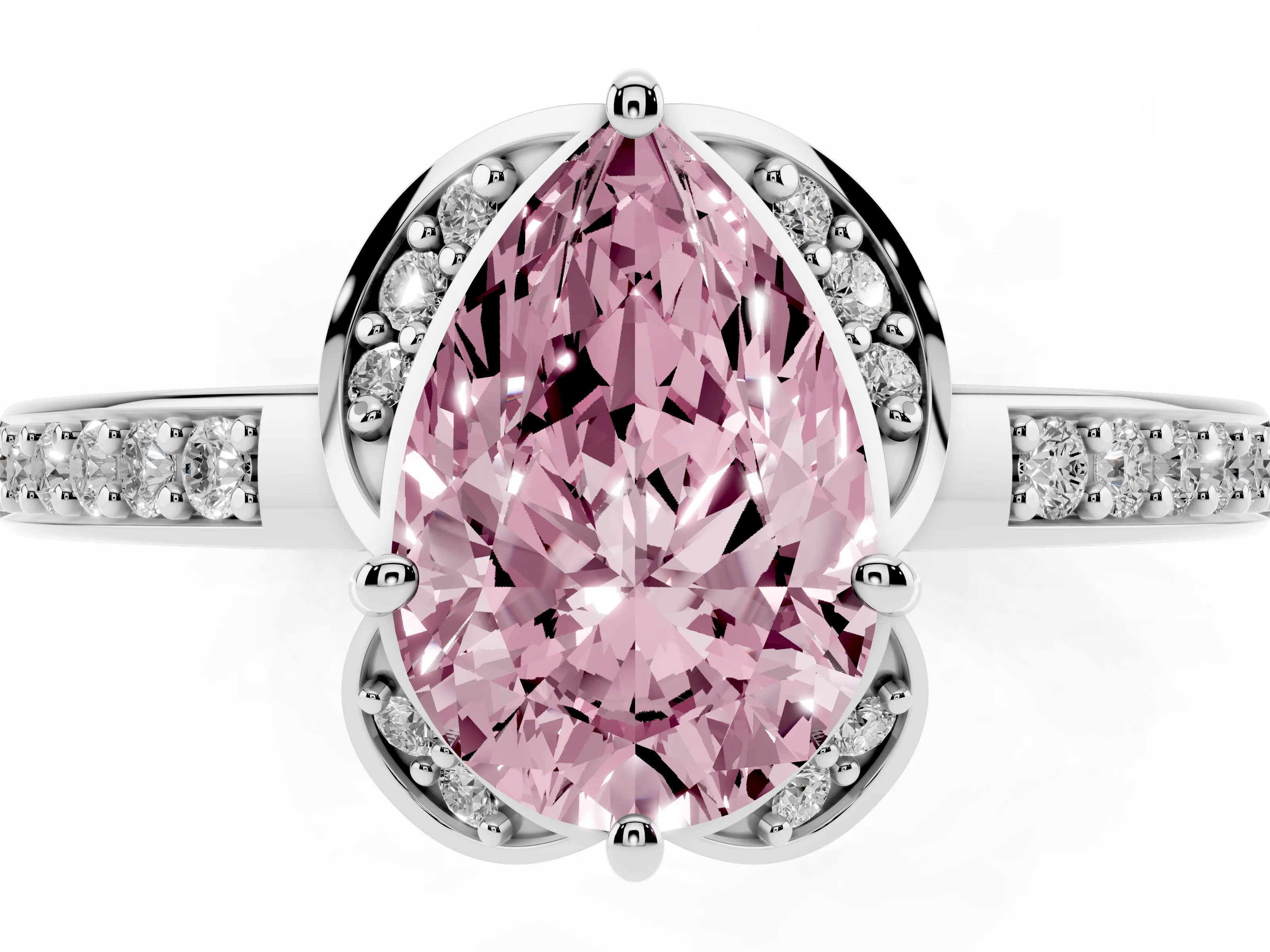 Fancy Pink Pear Cut Diamond Halo Ring Set in Silver with Channel Set Band and Prong Setting