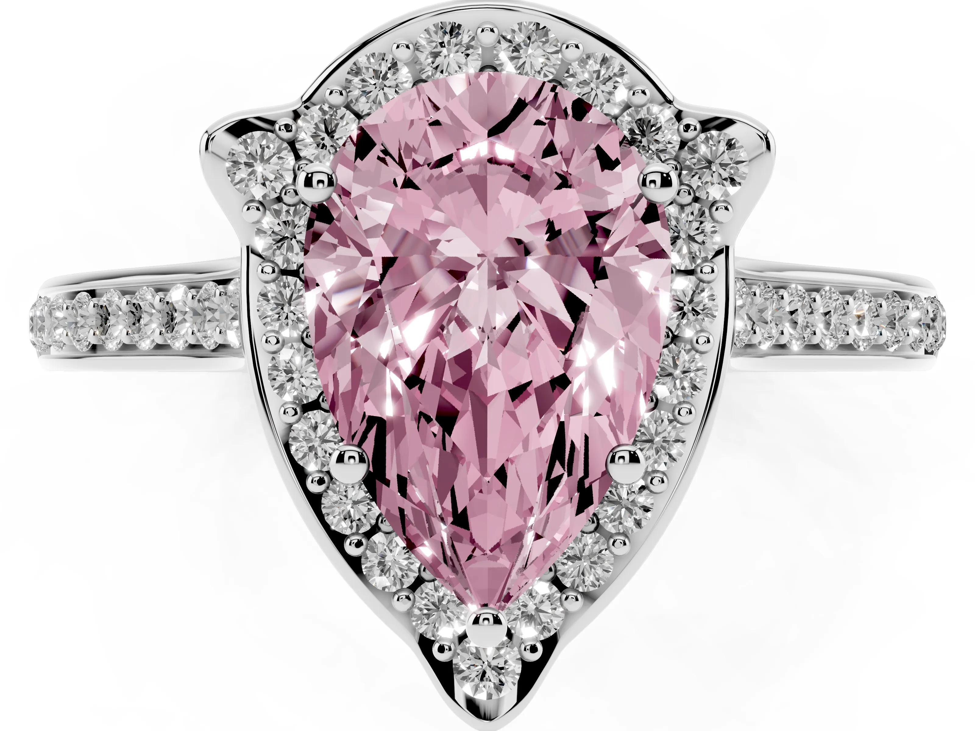Fancy Pink Pear Cut Diamond Halo Ring Set in White gold with Pavé-Lined Shoulders and Prong Setting