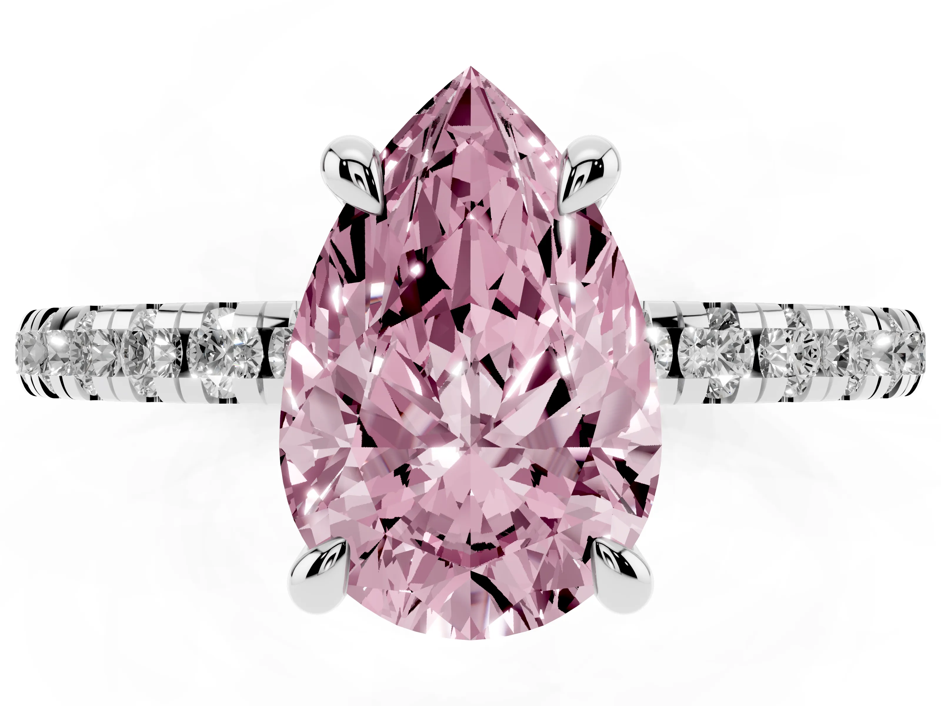Fancy Pink Pear Cut Diamond Brilliant Solitaire Ring Set in White gold with Pavé Band and Prong Setting