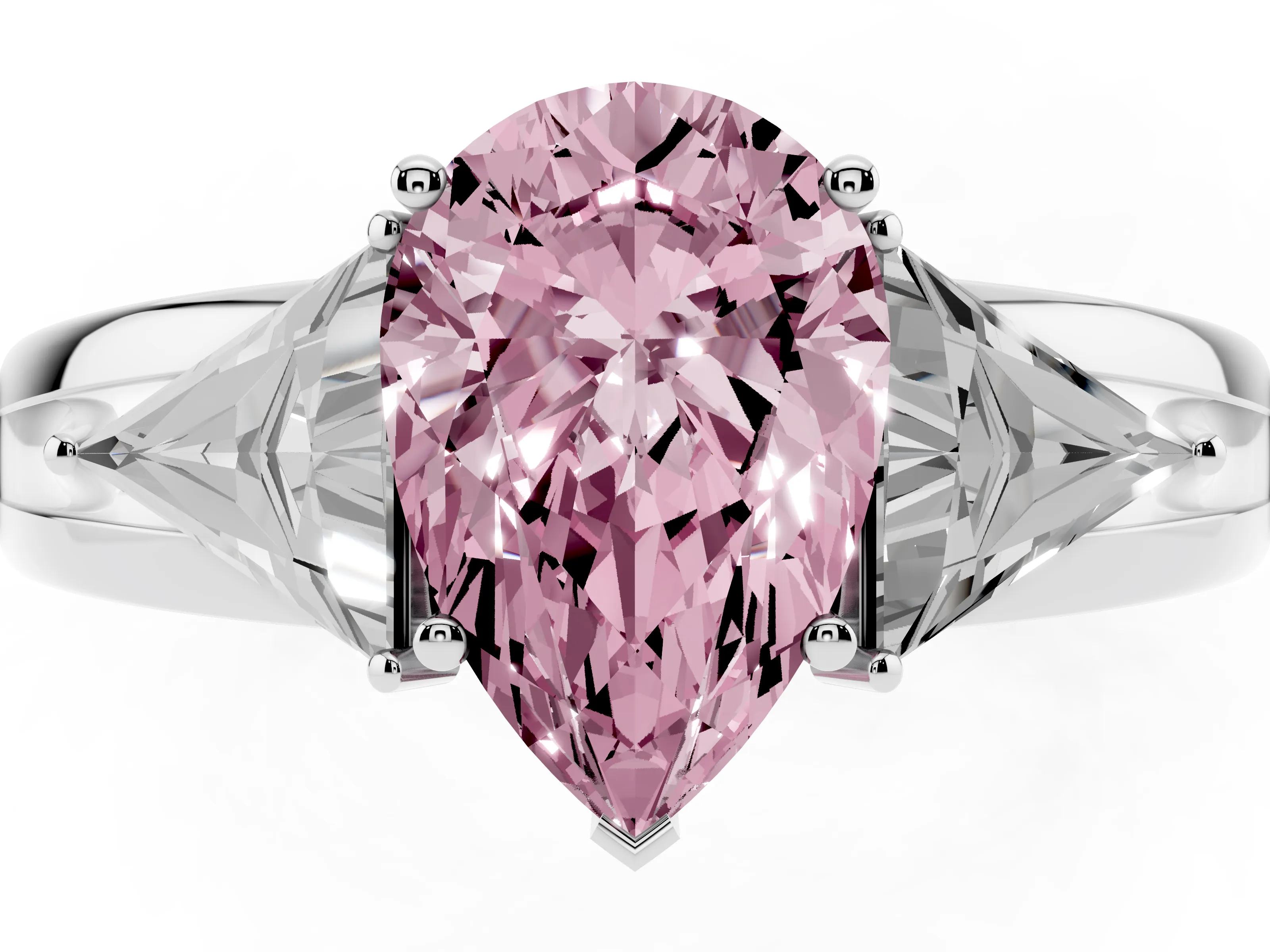 Fancy Pink Pear Cut Diamond Three-Stone Ring Set in Silver with Trillion Side Stones and Split Shank