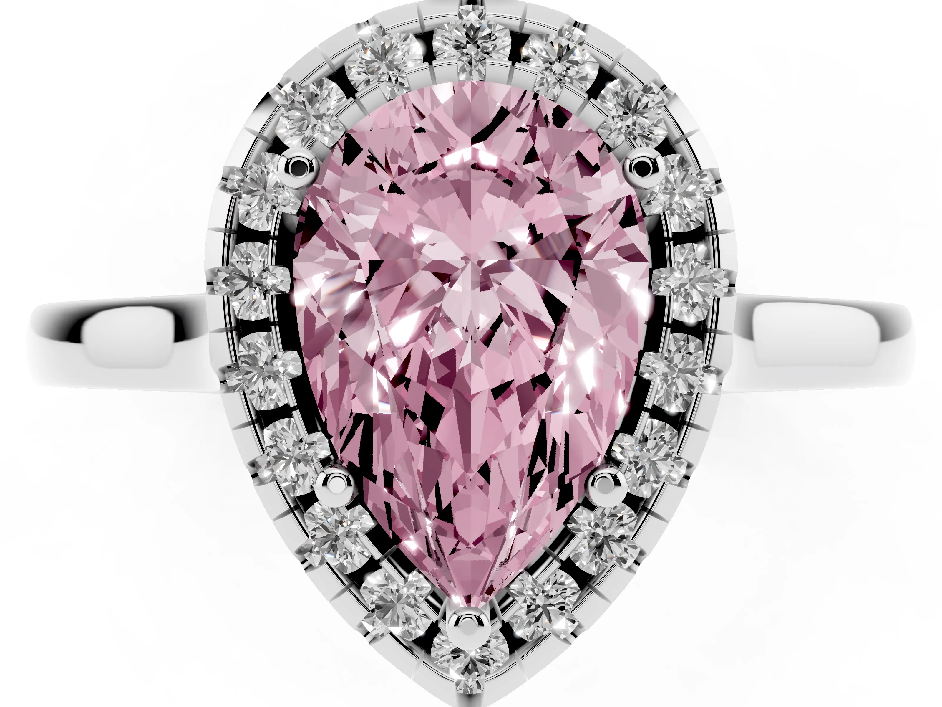Fancy Pink Pear Cut Halo Round Diamond Solitaire Ring Set in Platinum with Pavé Band and Prong Setting