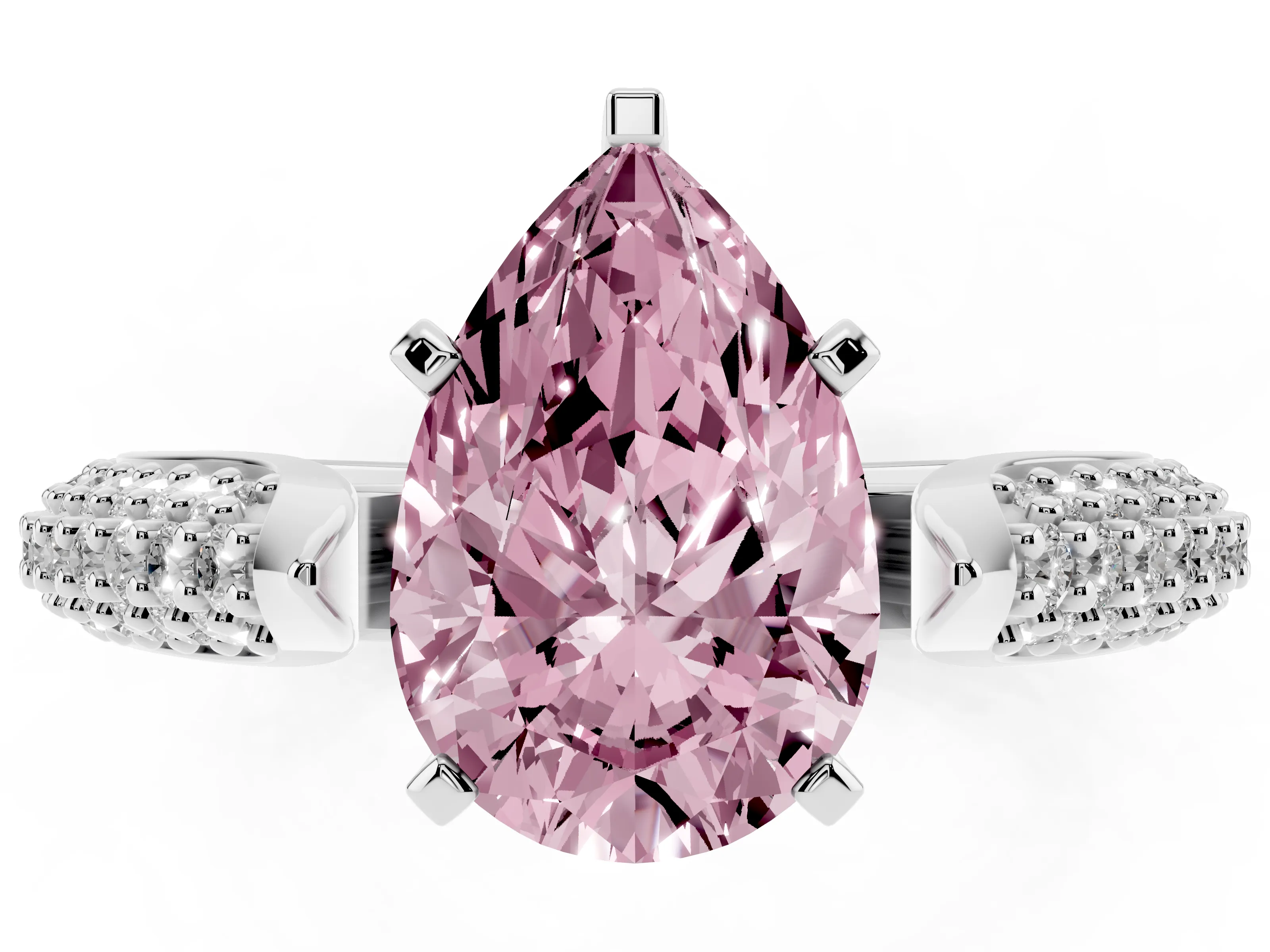 Fancy Pink Pear Cut Diamond Solitaire Engagement Ring Set in White gold with Multi-Row Round Pavé Band and Prong Setting