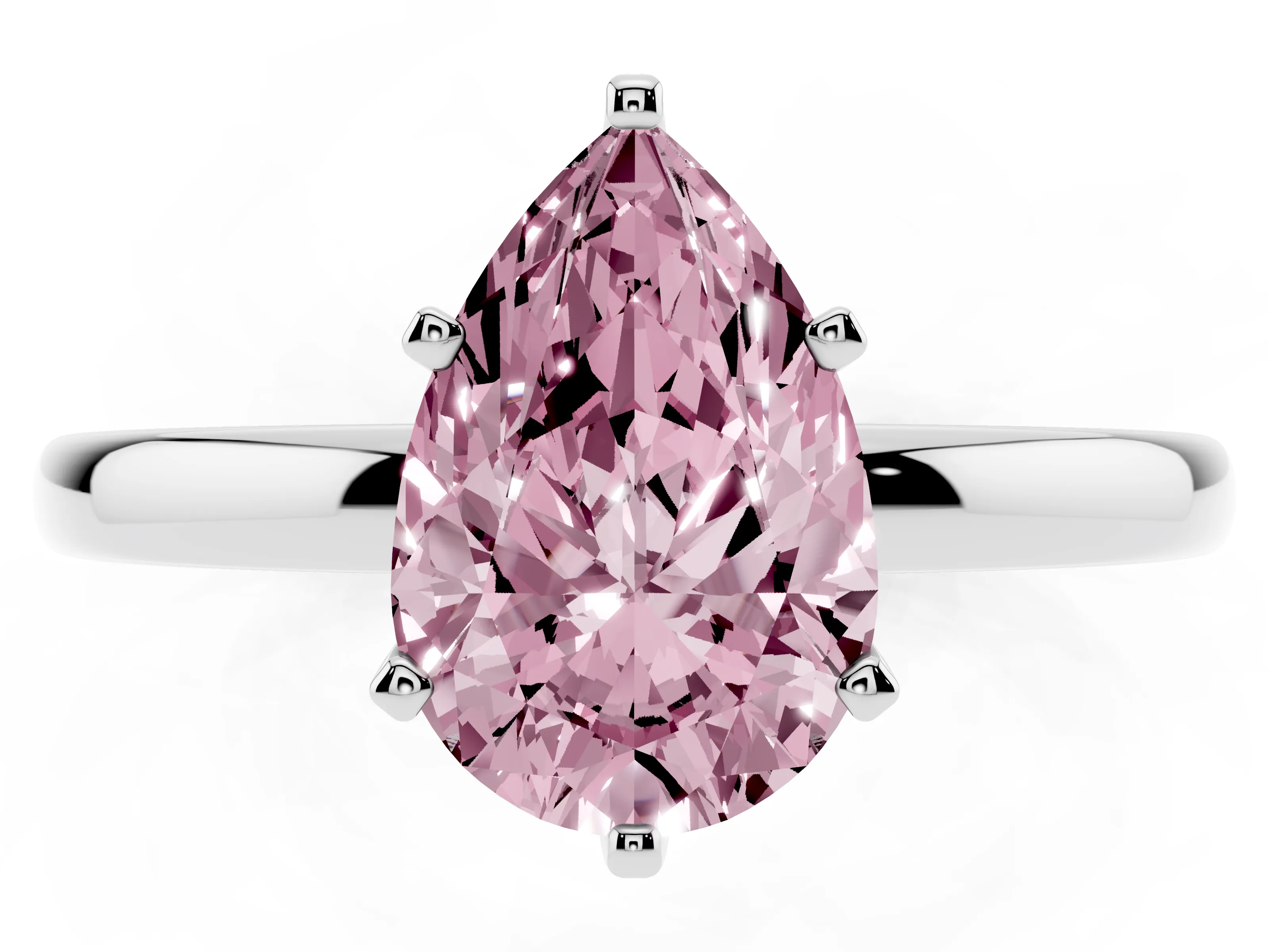 Fancy Pink Pear Cut Diamond Solitaire Ring Set in White gold with Raised Prong Setting on a Classic Band