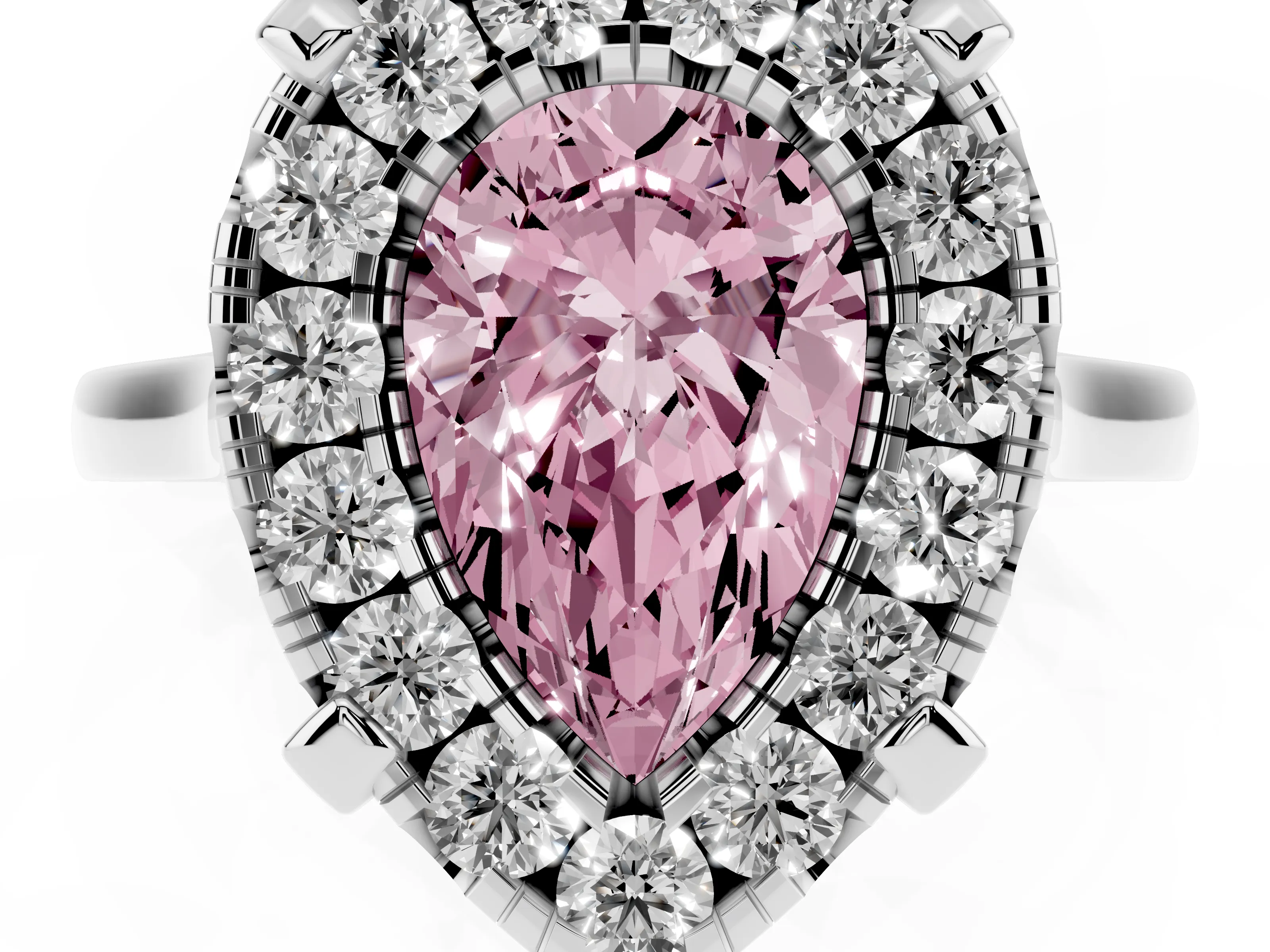 Fancy Pink Pear Cut Diamond Cluster Halo Solitaire Ring Set in Silver with Prong Setting