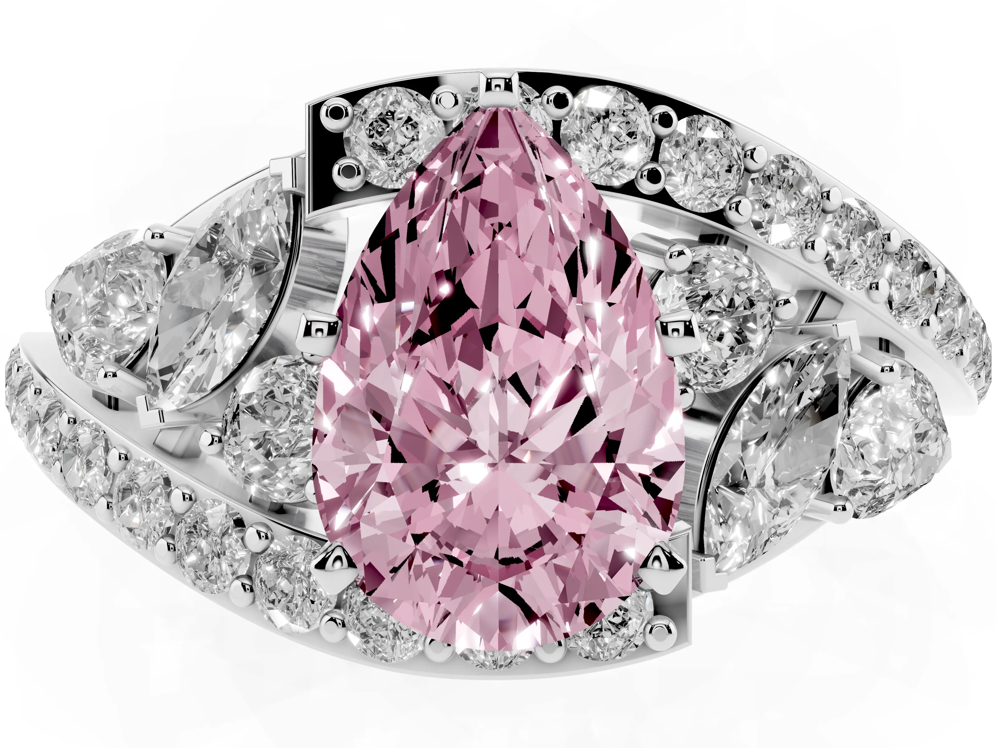 Fancy Pink Pear Cut Diamond Halo Ring Set in Platinum with Marquise and Pavé Band in Prong Setting