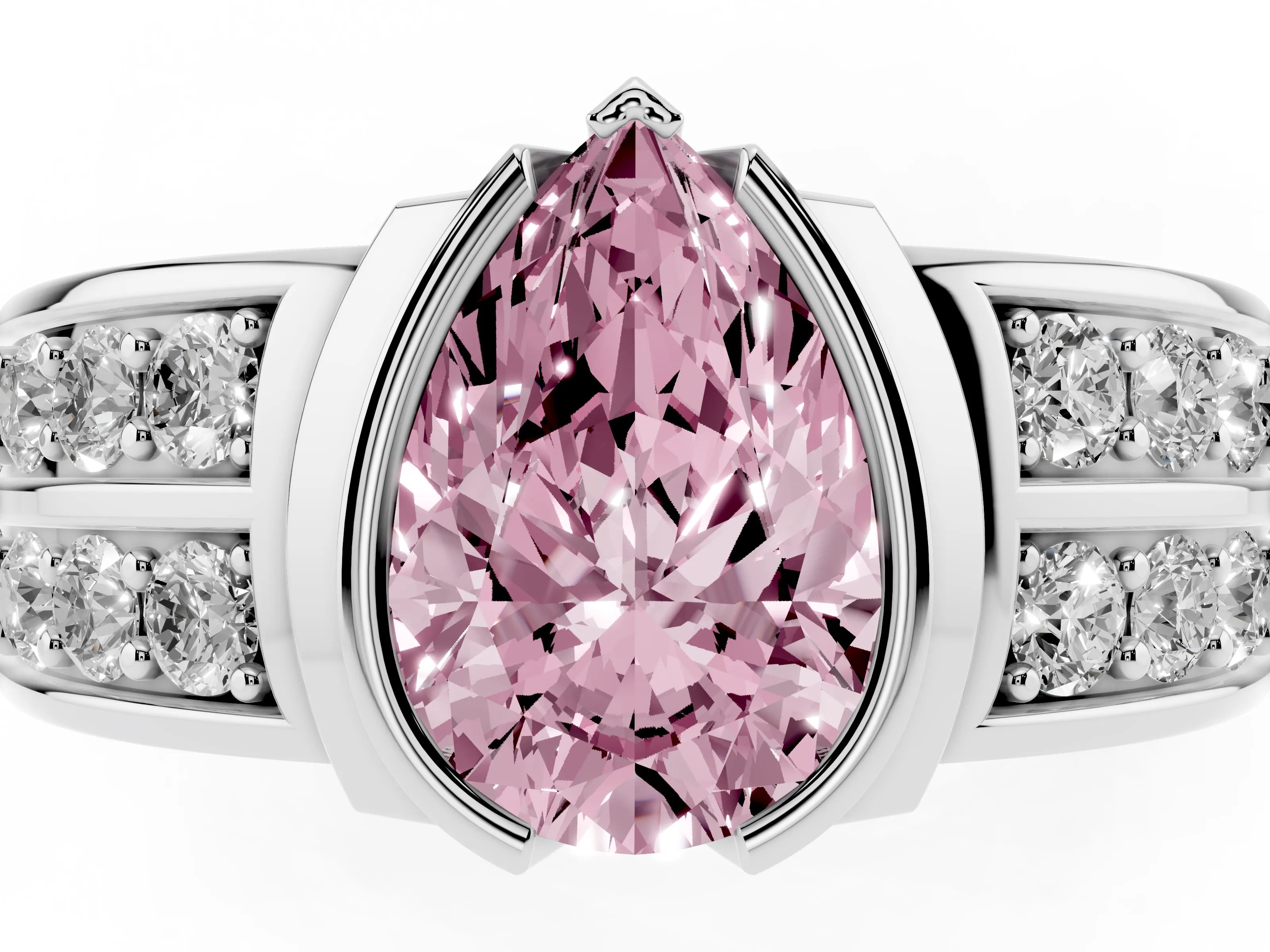 Fancy Pink Pear Cut Diamond Wide Channel Set Band Ring Set in Silver with Bezel Setting