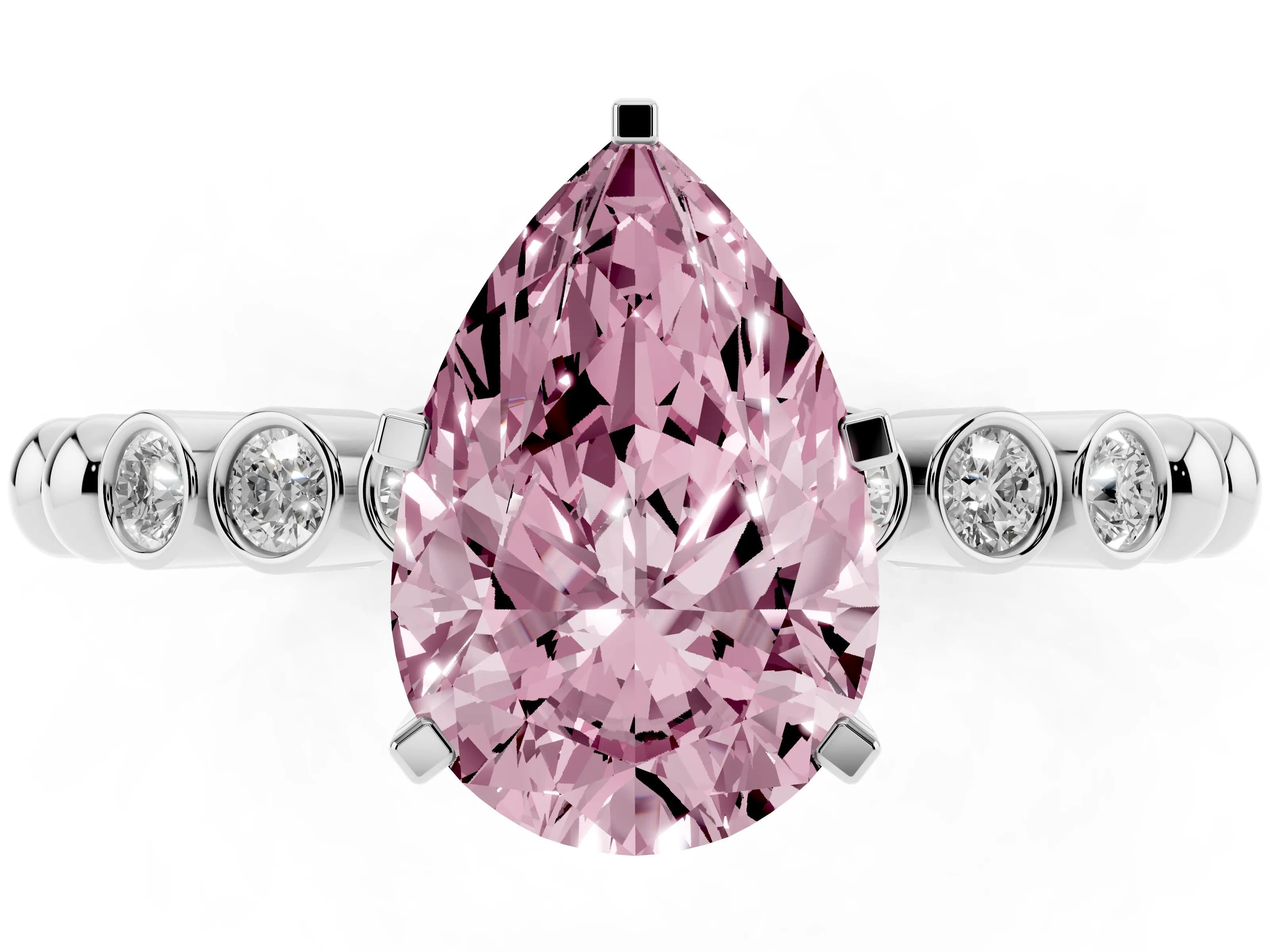 Fancy Pink Pear Cut Diamond Solitaire Engagement Ring Set in Silver with Bezel Accents on Beaded Band