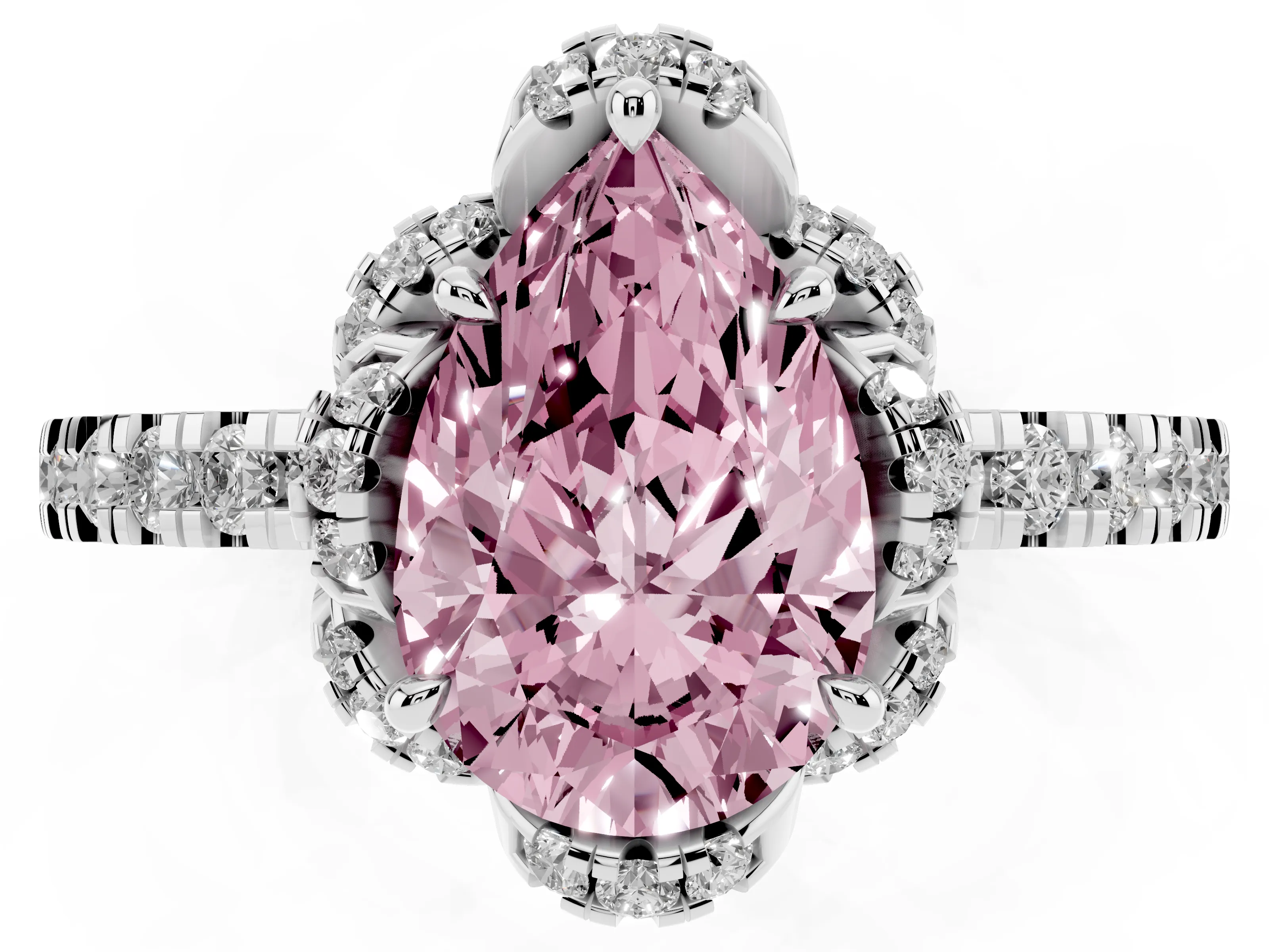 Fancy Pink Pear Cut Diamond Halo Pavé Band Ring Set in Platinum with Prong-Held Center