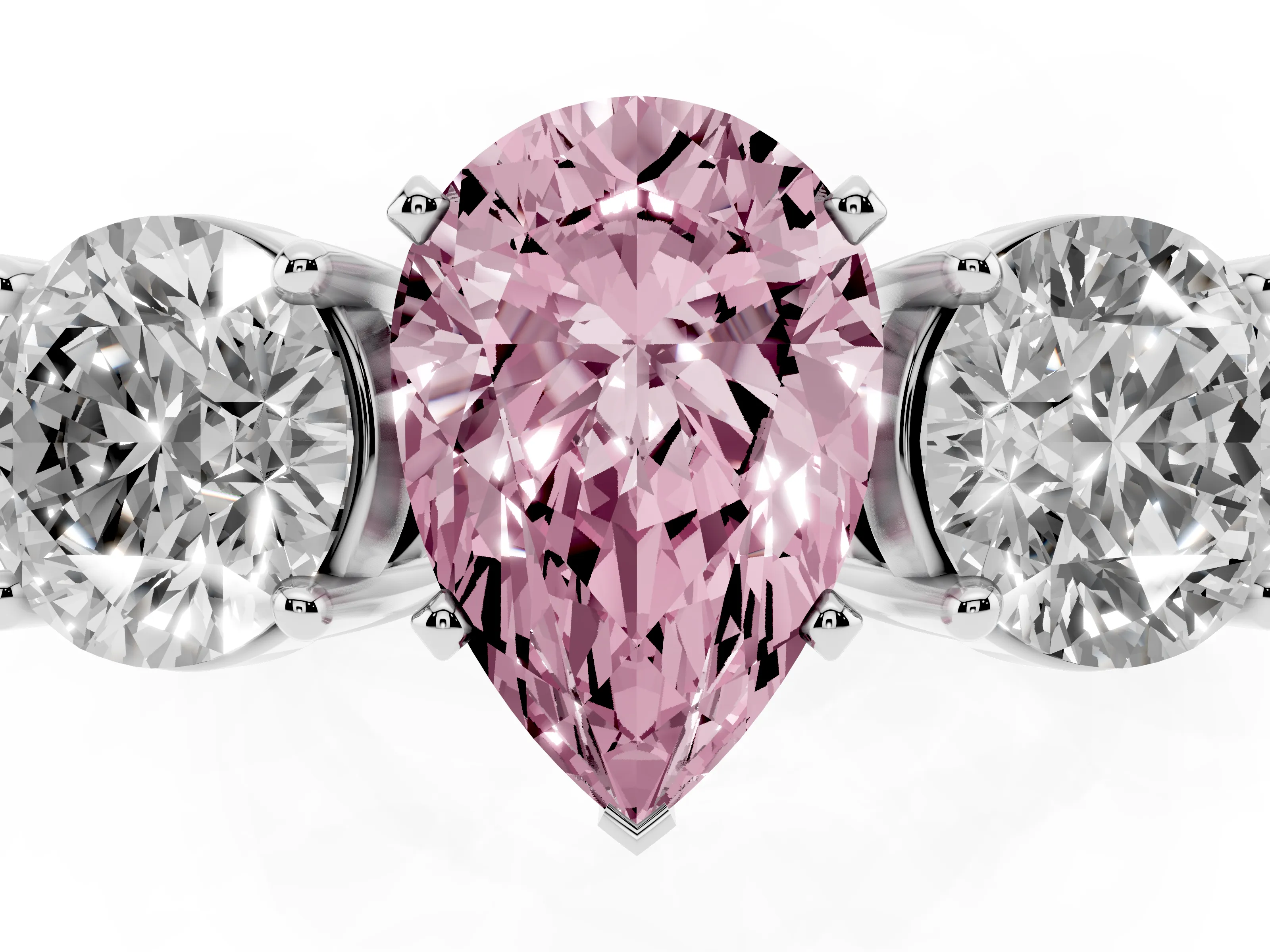 Fancy Pink Pear Cut Diamond Three-Stone Ring Set in Silver with Round Side Stones and Classic Band