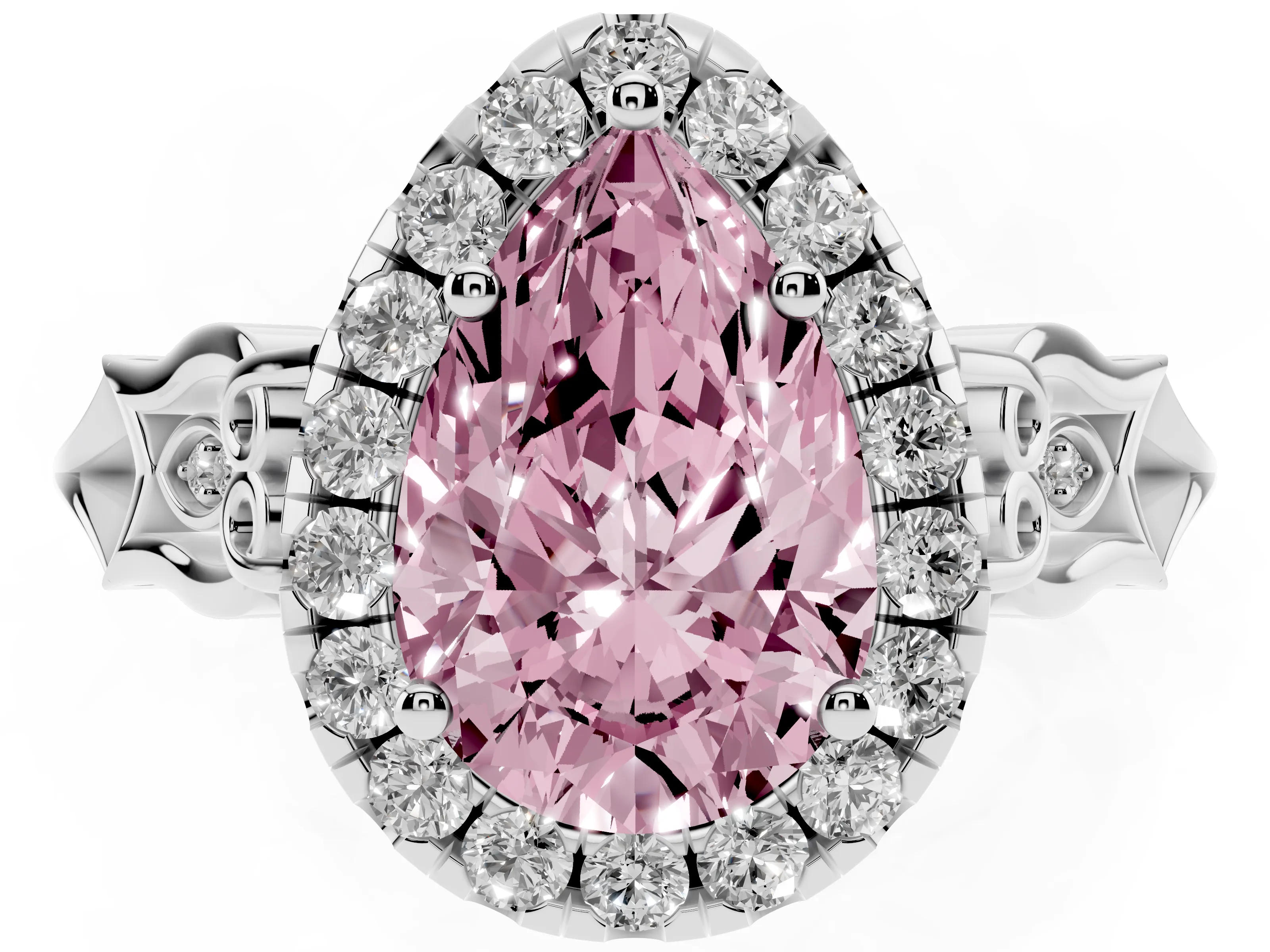 Fancy Pink Pear Cut Diamond Halo Engagement Ring Set in Platinum with Filigree Band and Prong-Set Center