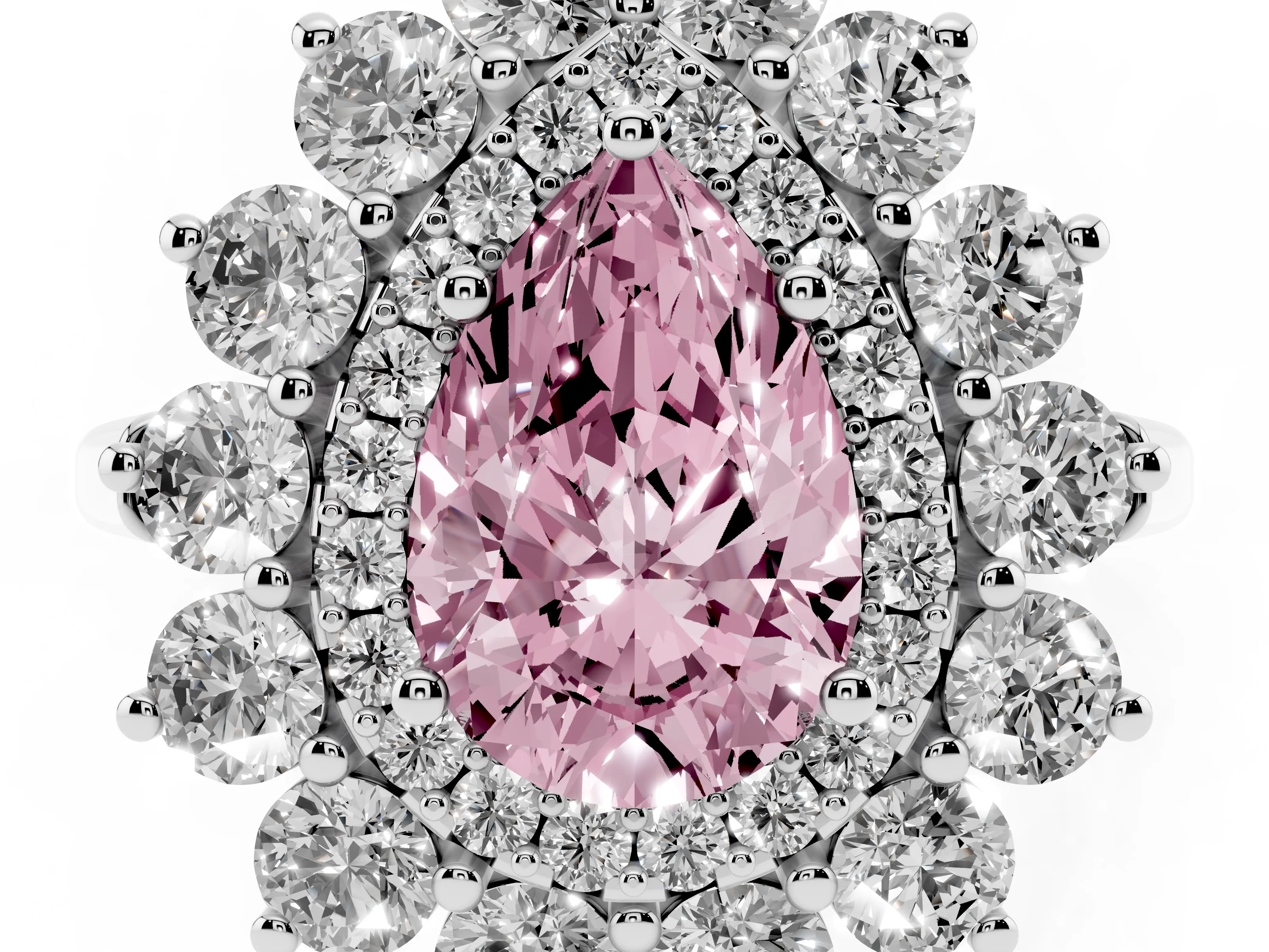 Fancy Pink Pear Cut Diamond Floral Double Halo Ring Set in White gold with Round Petals