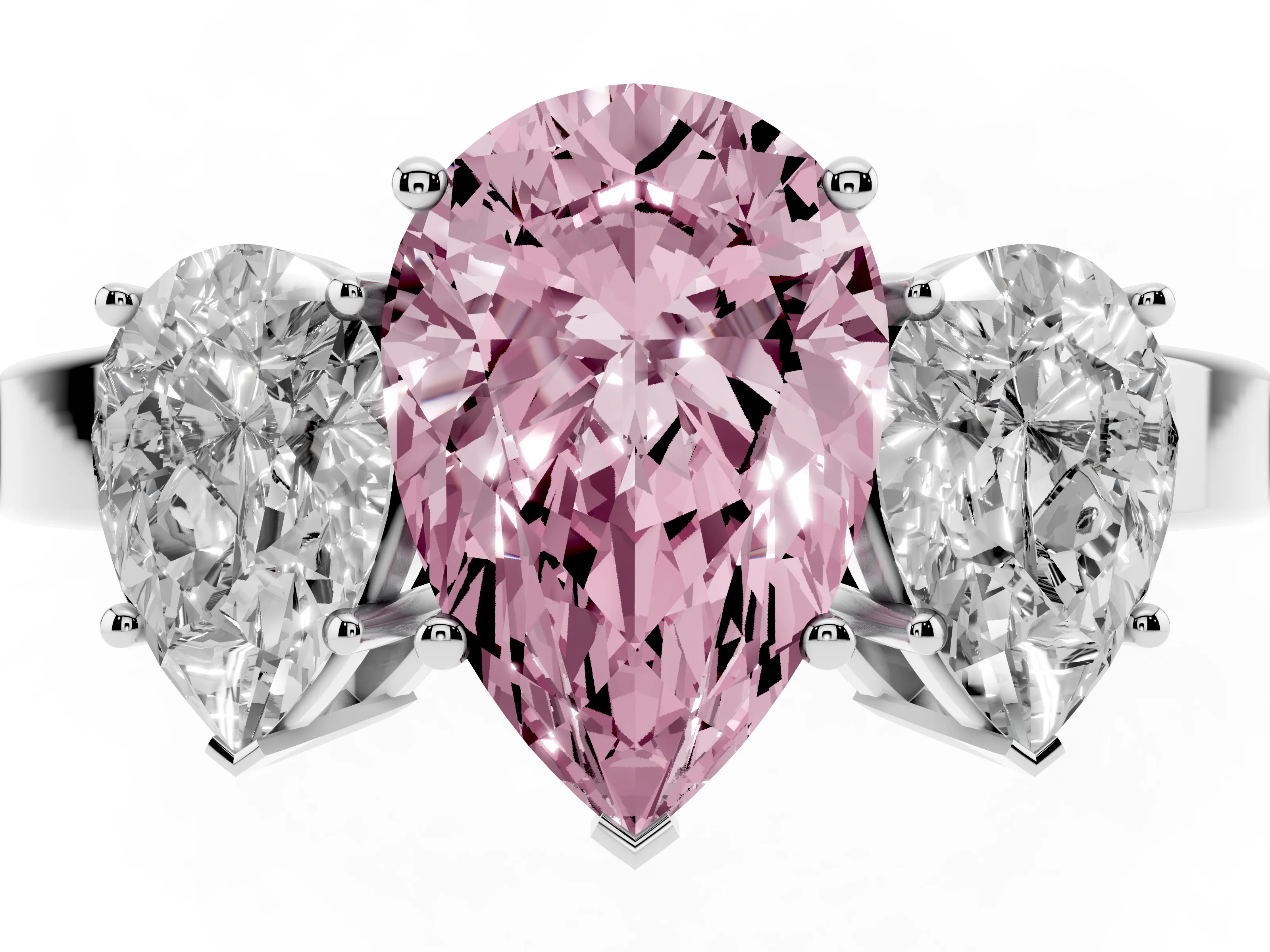 Fancy Pink Pear Cut Diamond Three-Stone Engagement Ring Set in Silver with Flat Band
