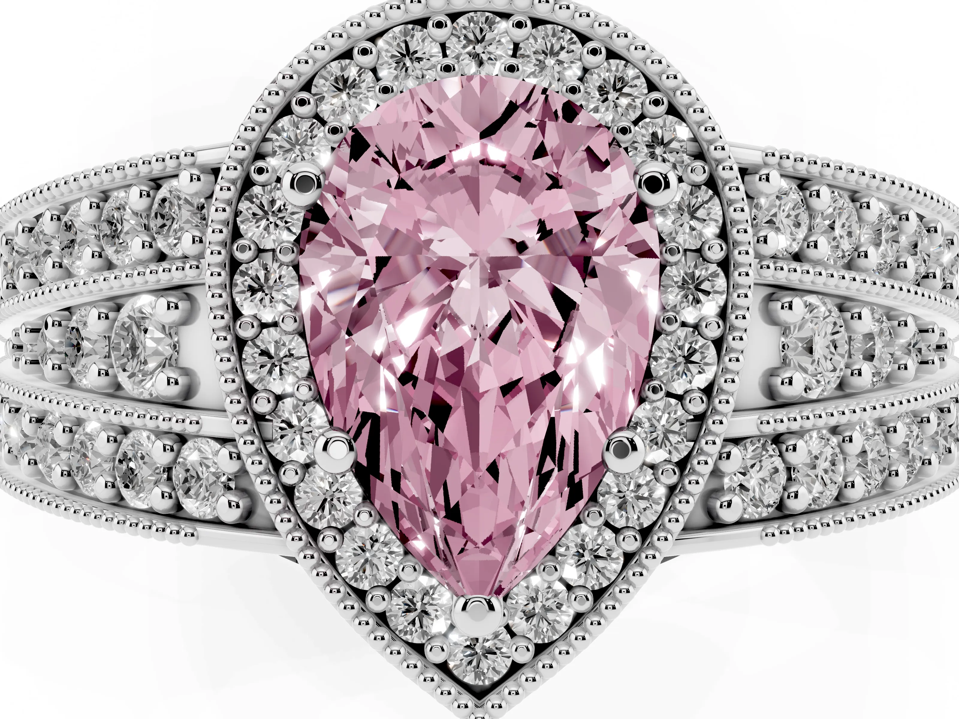 Fancy Pink Pear Cut Diamond Halo Ring Set in Platinum with Accent Split Shank and Prong Setting