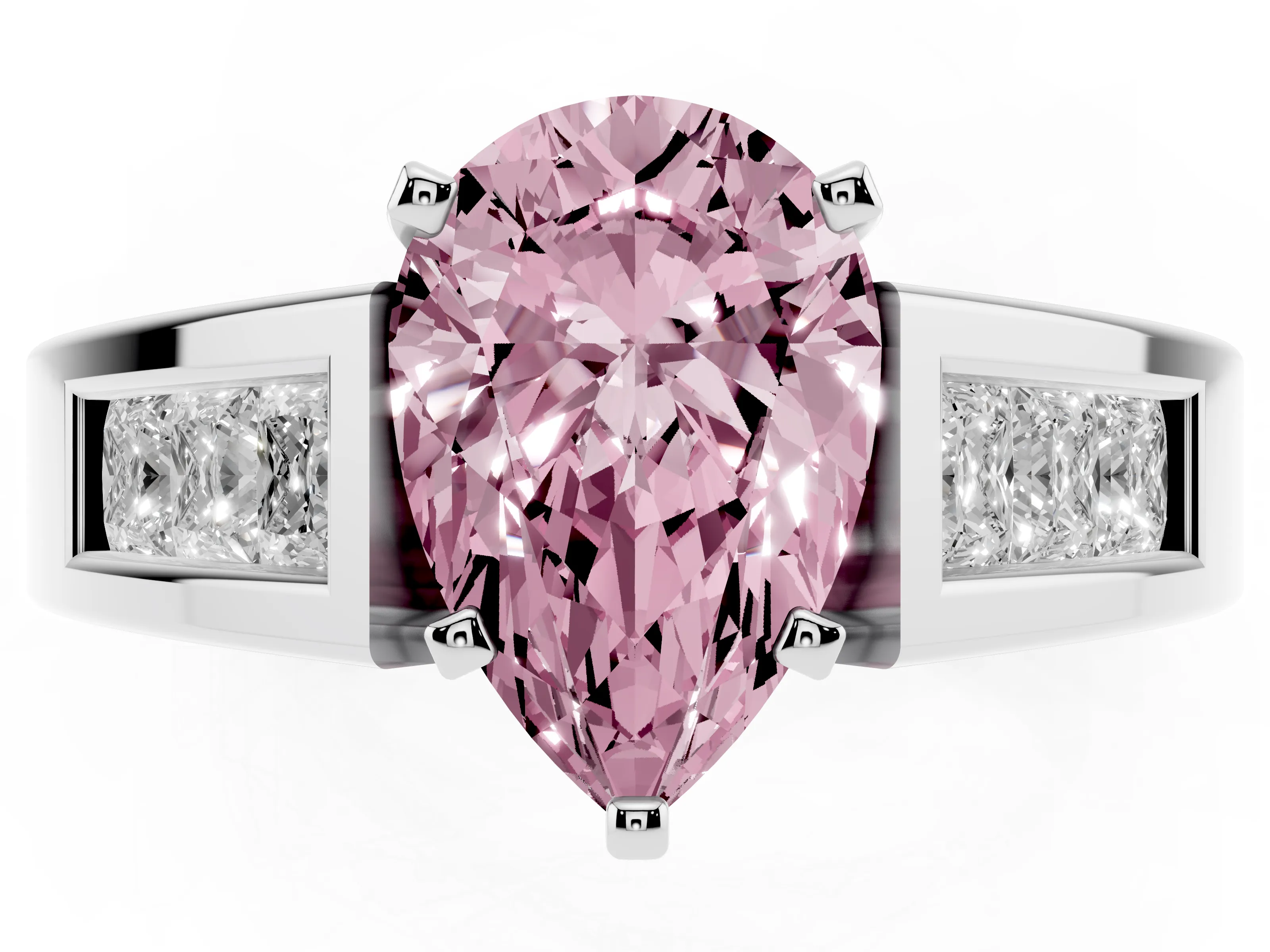 Fancy Pink Pear Cut Diamond Solitaire Ring Set in White gold with Channel-Set Accent Stones and Prong Setting