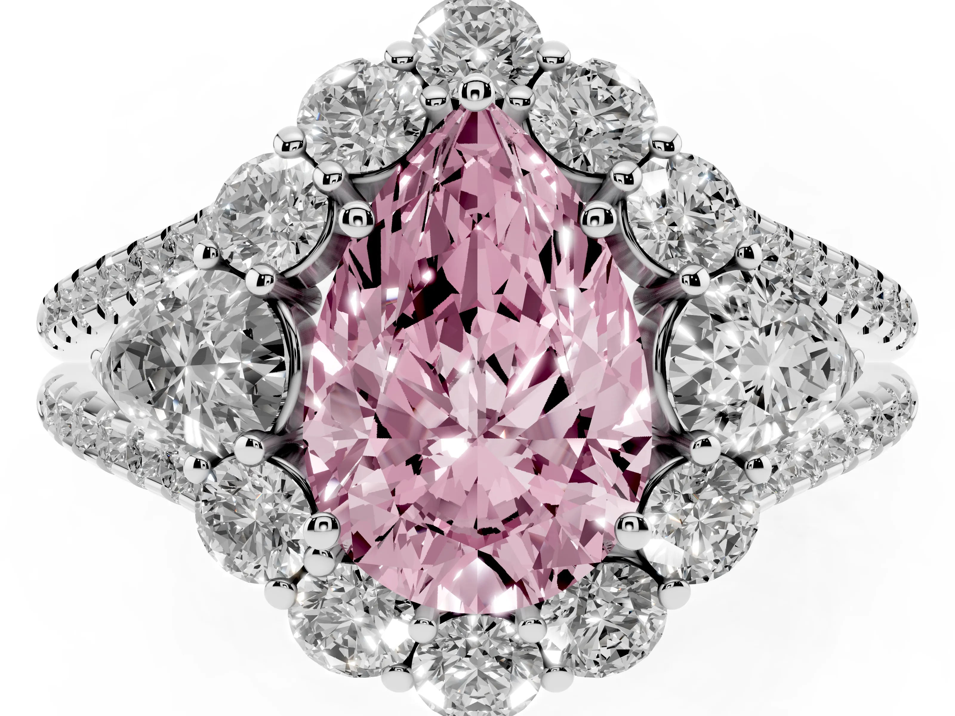 Fancy Pink Pear Cut Diamond Halo Split Shank Engagement Ring Set in Silver with Prong-Held Center Stone
