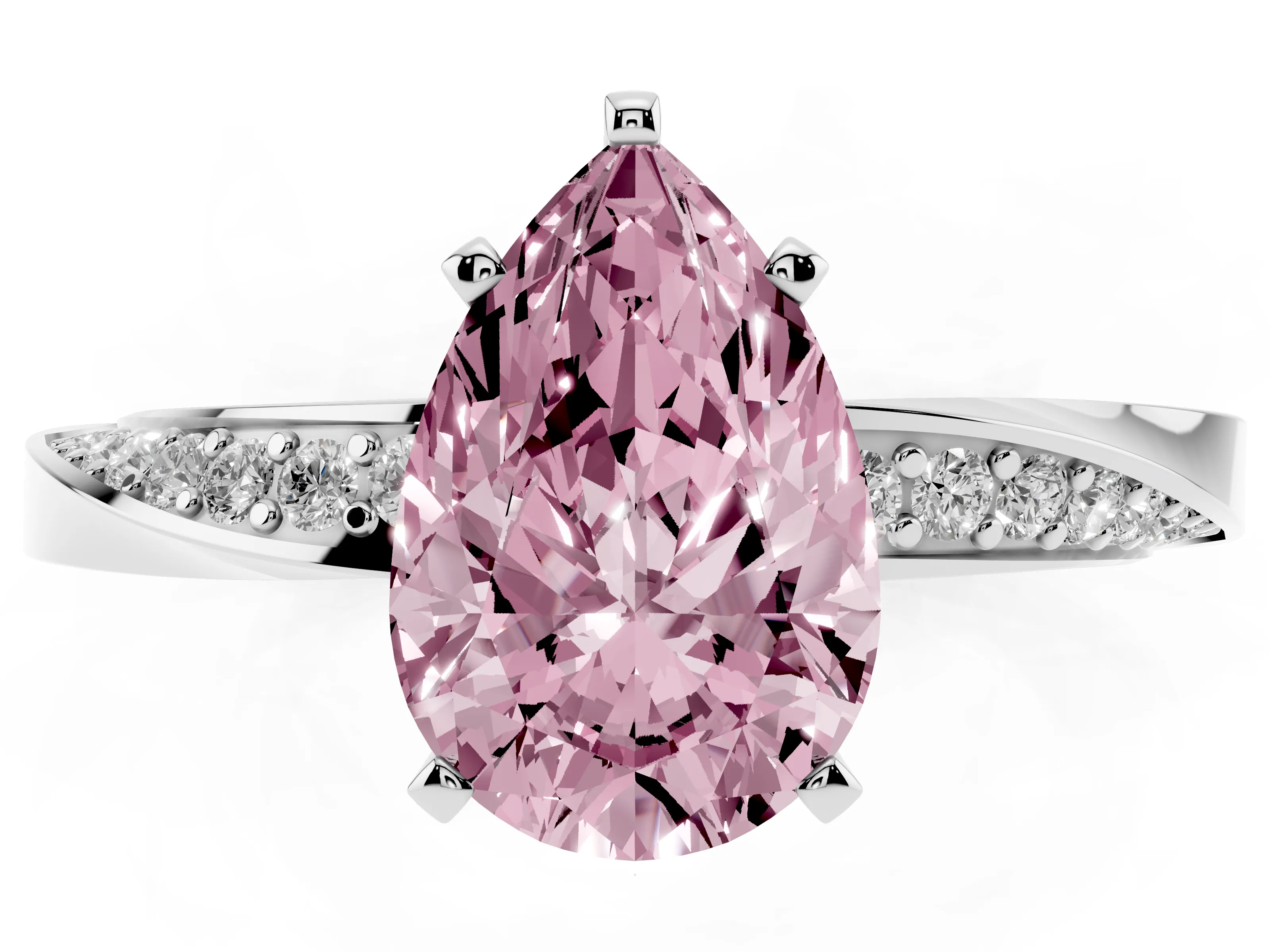 Fancy Pink Pear Cut Diamond Engagement Ring Set in Silver with Side Stone Accents and Prong Setting