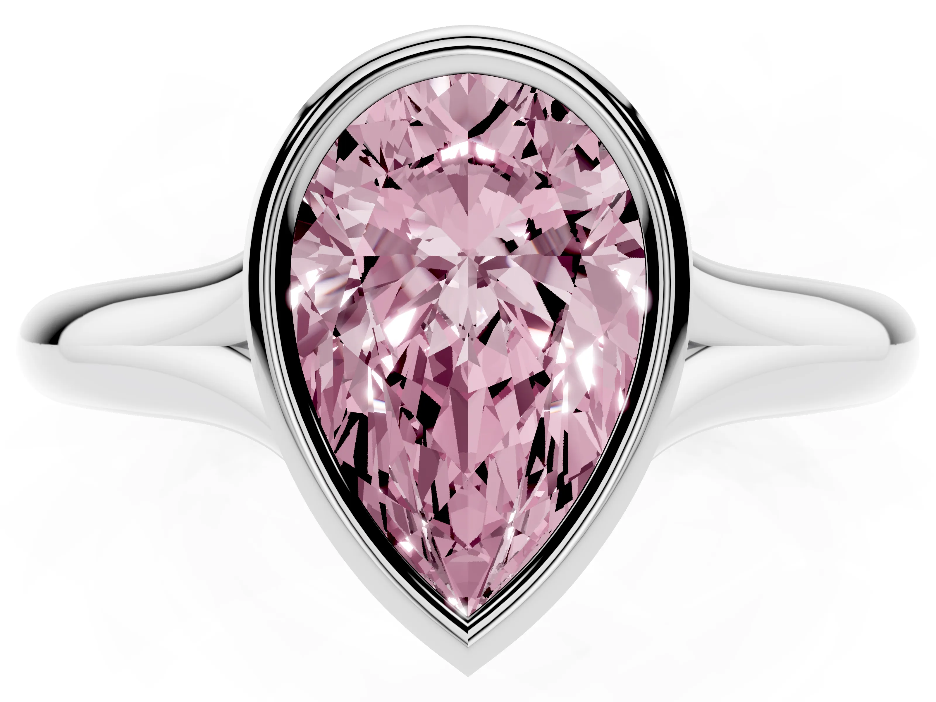 Fancy Pink Bezel Set Pear Cut Diamond Solitaire Ring Set in Silver with Smooth Band