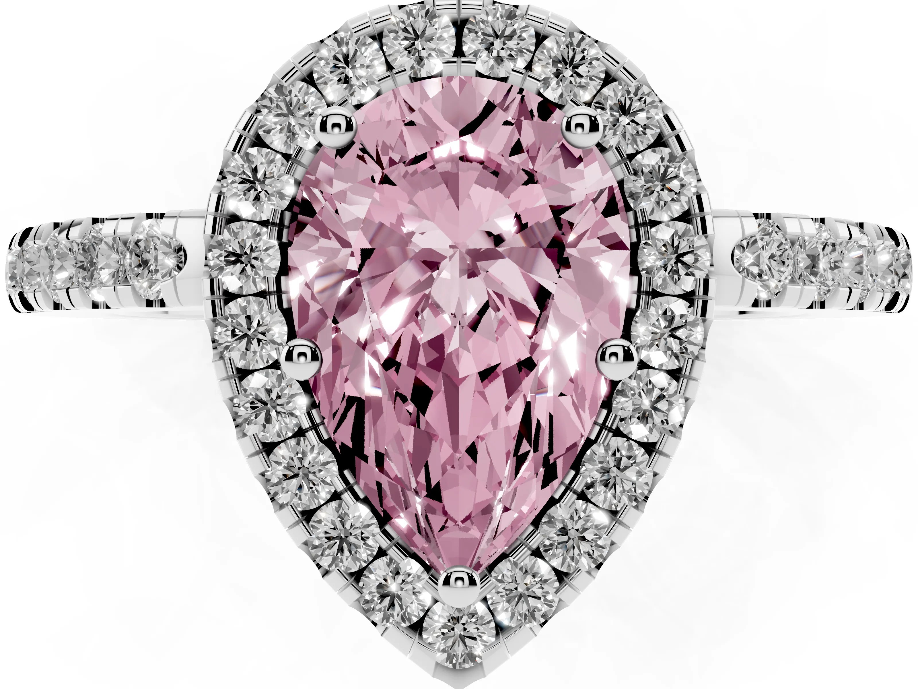 Fancy Pink Pear Cut Diamond Pavé Band Halo Engagement Ring Set in White gold with Prong Setting