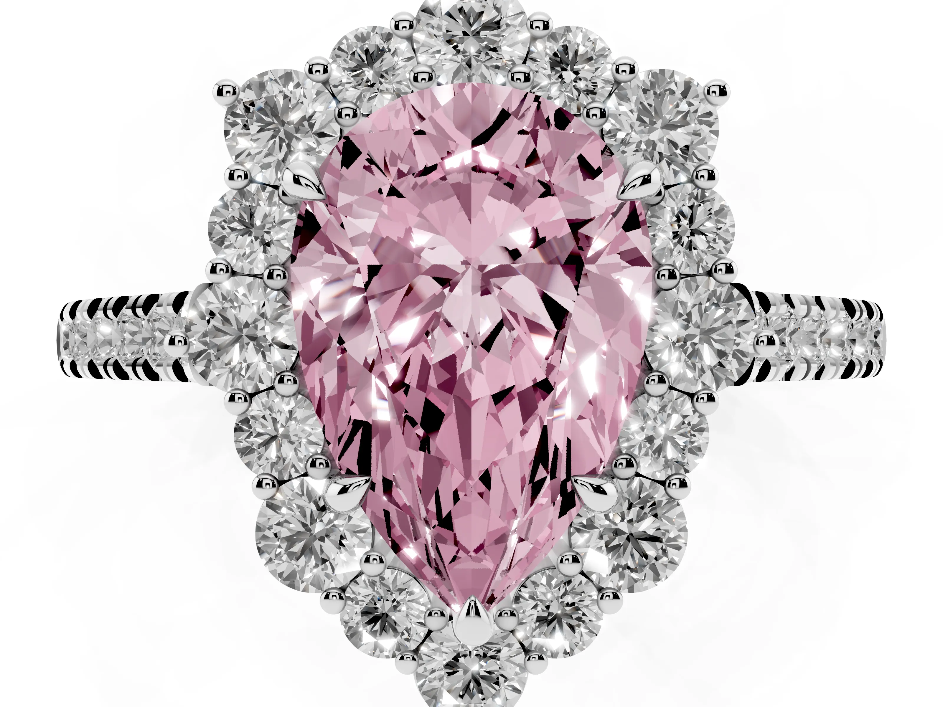 Fancy Pink Pear Cut Diamond Halo Ring Set in White gold with Pavé Band and Prong Setting