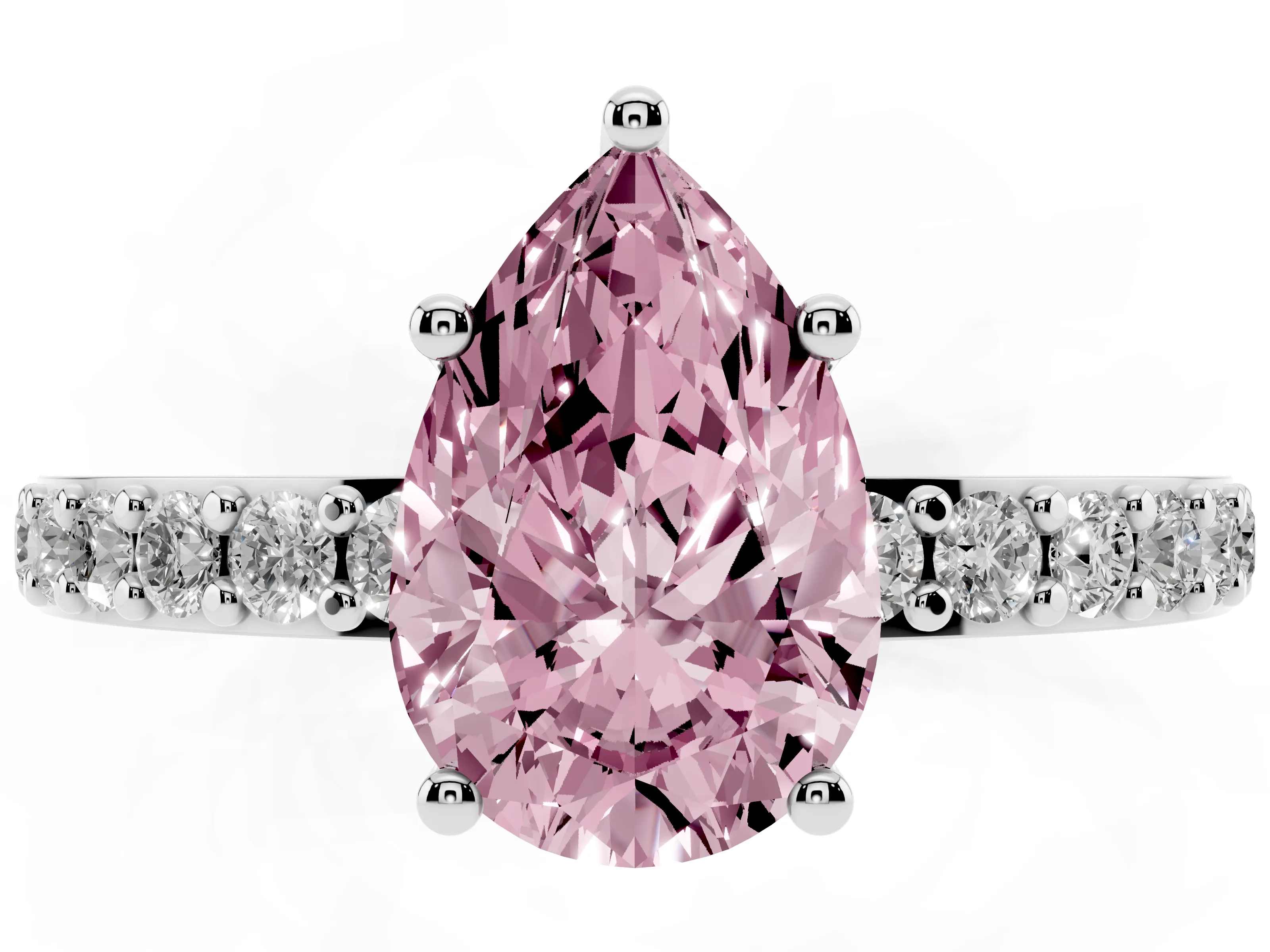 Fancy Pink Pear Cut Diamond Solitaire Set in White gold with Round Pavé Band and Prong Setting