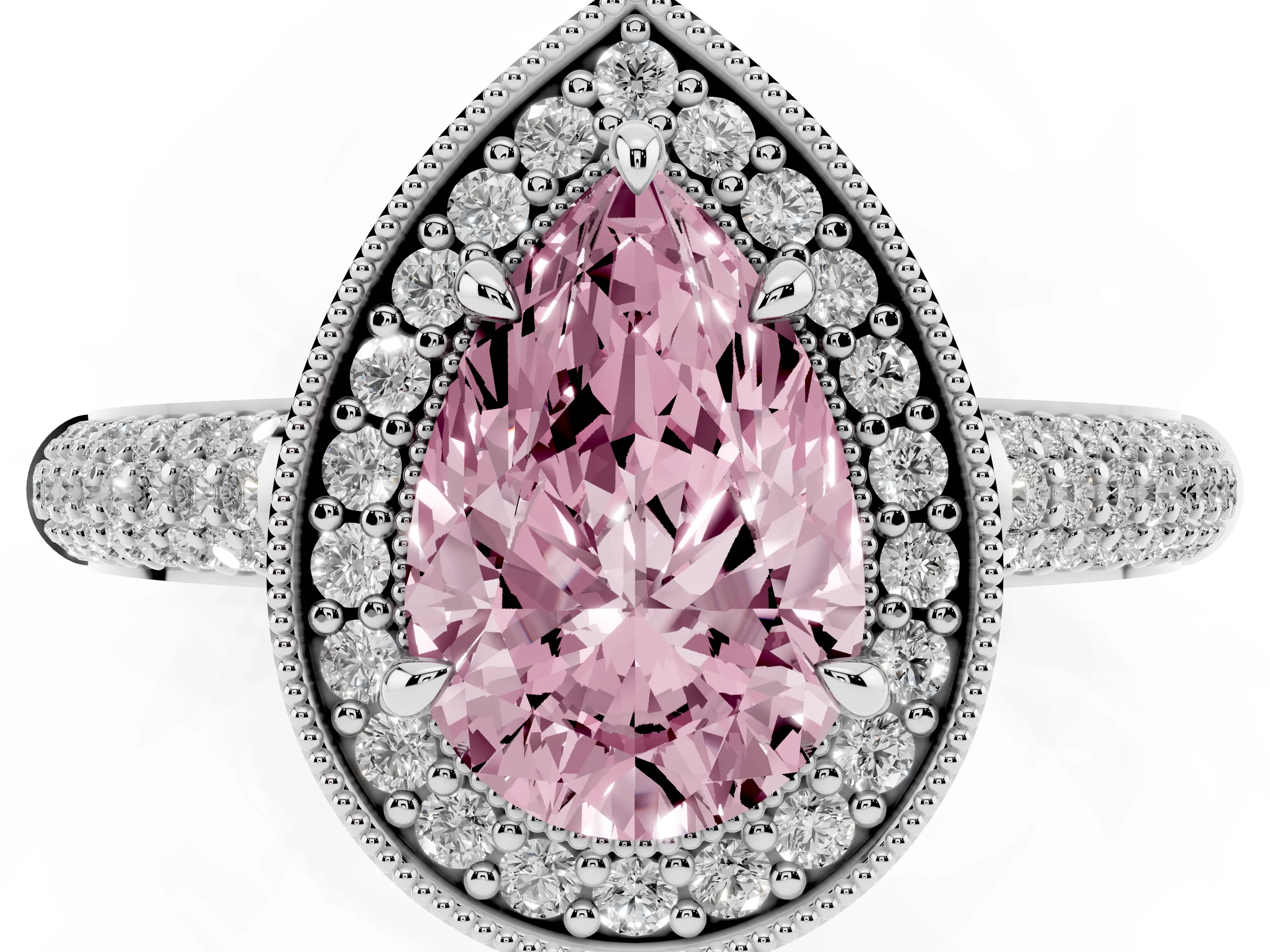 Fancy Pink Pear Cut Diamond Halo Pavé Band Set in White gold with Prong Setting